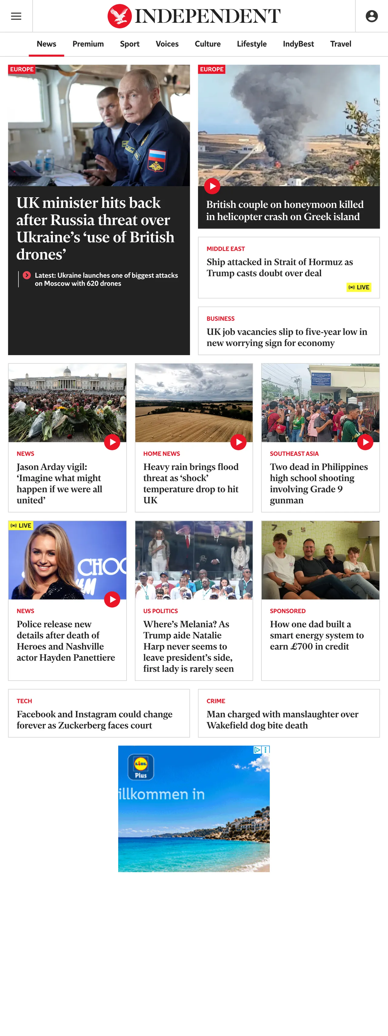 Screenshot of the The Independent front page