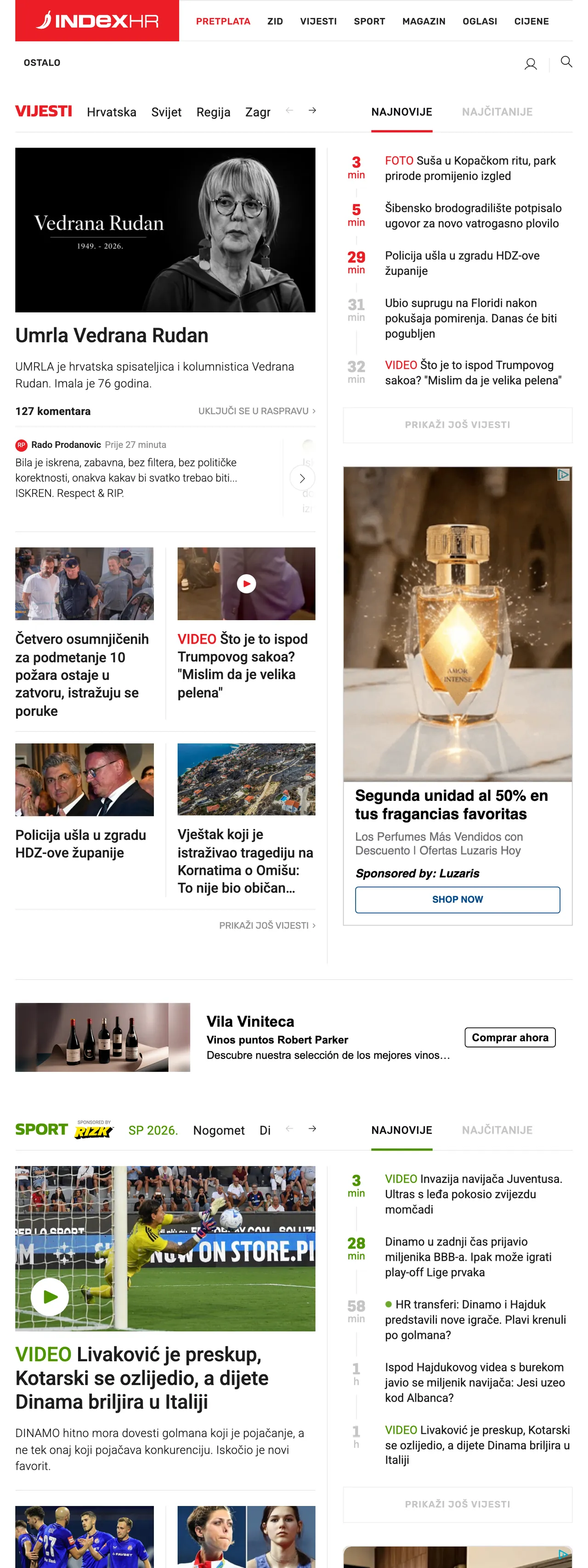 Screenshot of the Index.hr front page