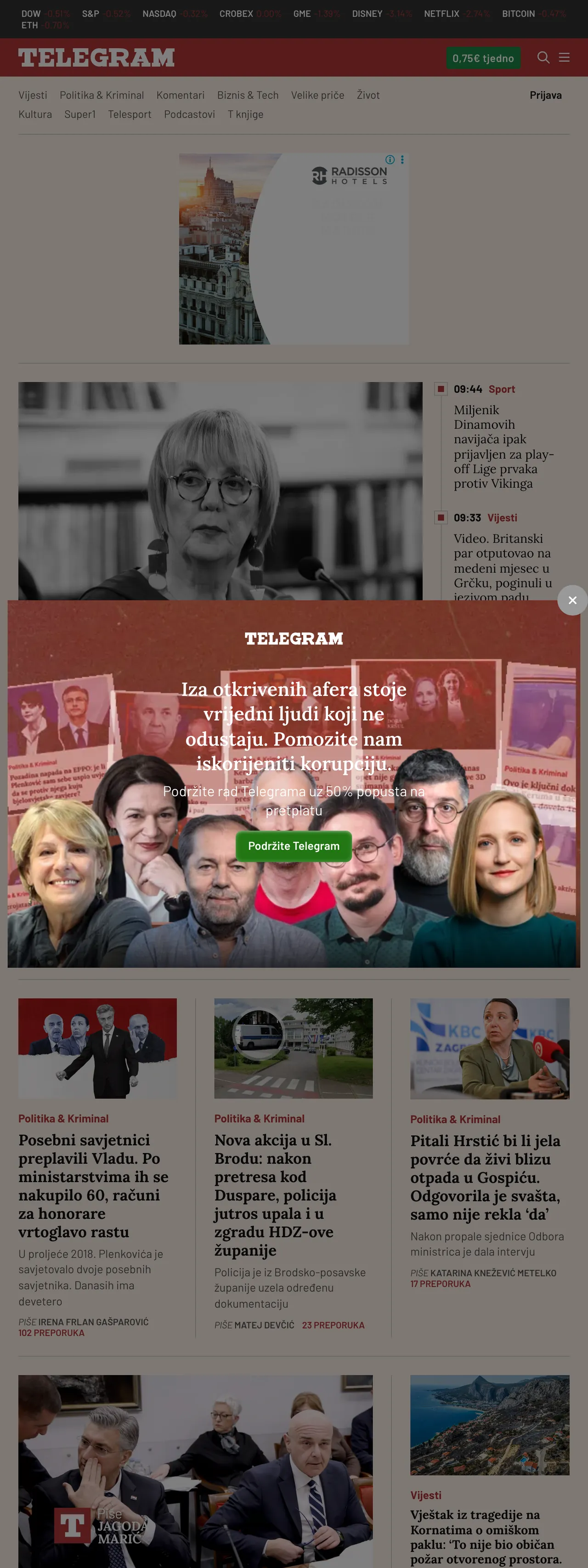 Screenshot of the Telegram.hr front page