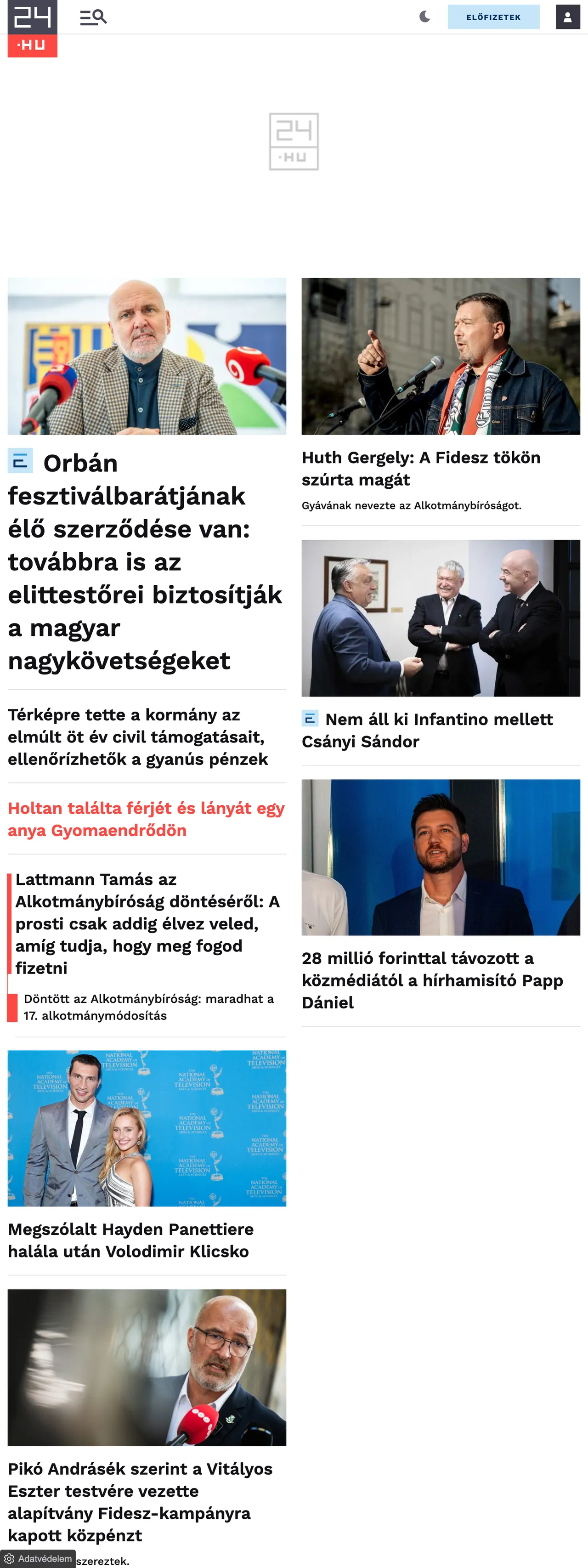 Screenshot of the 24.hu front page