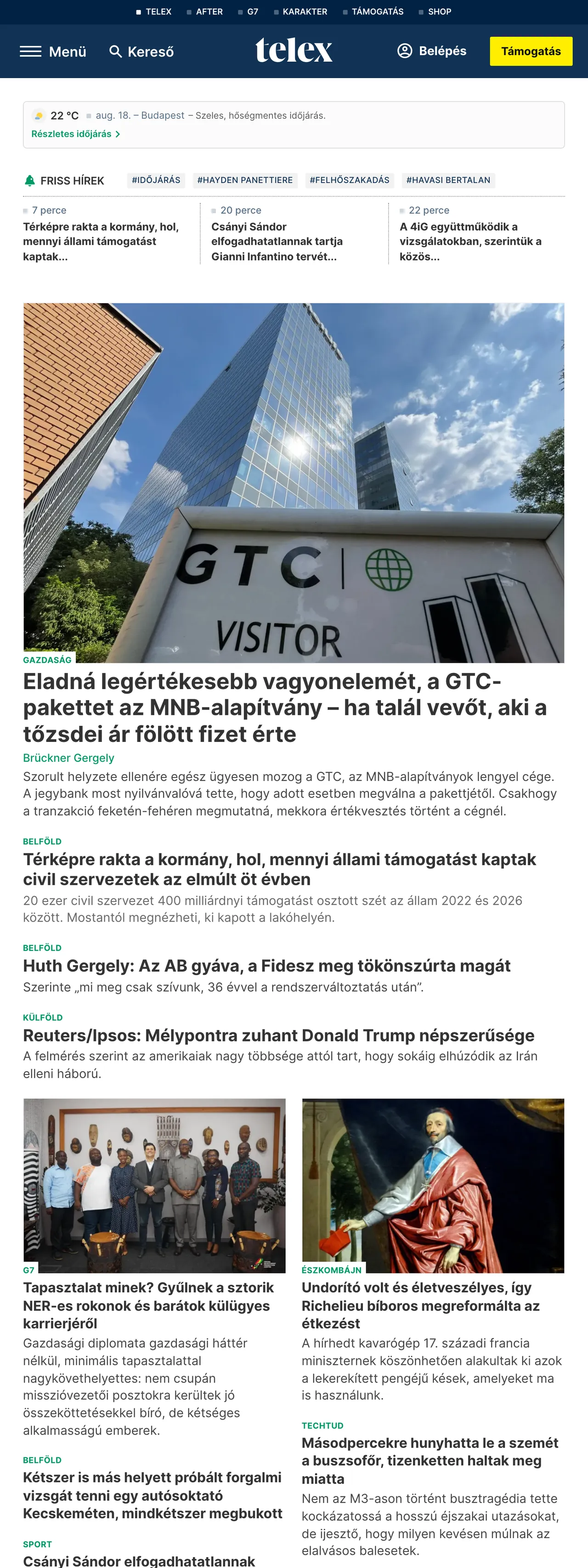 Screenshot of the Telex front page