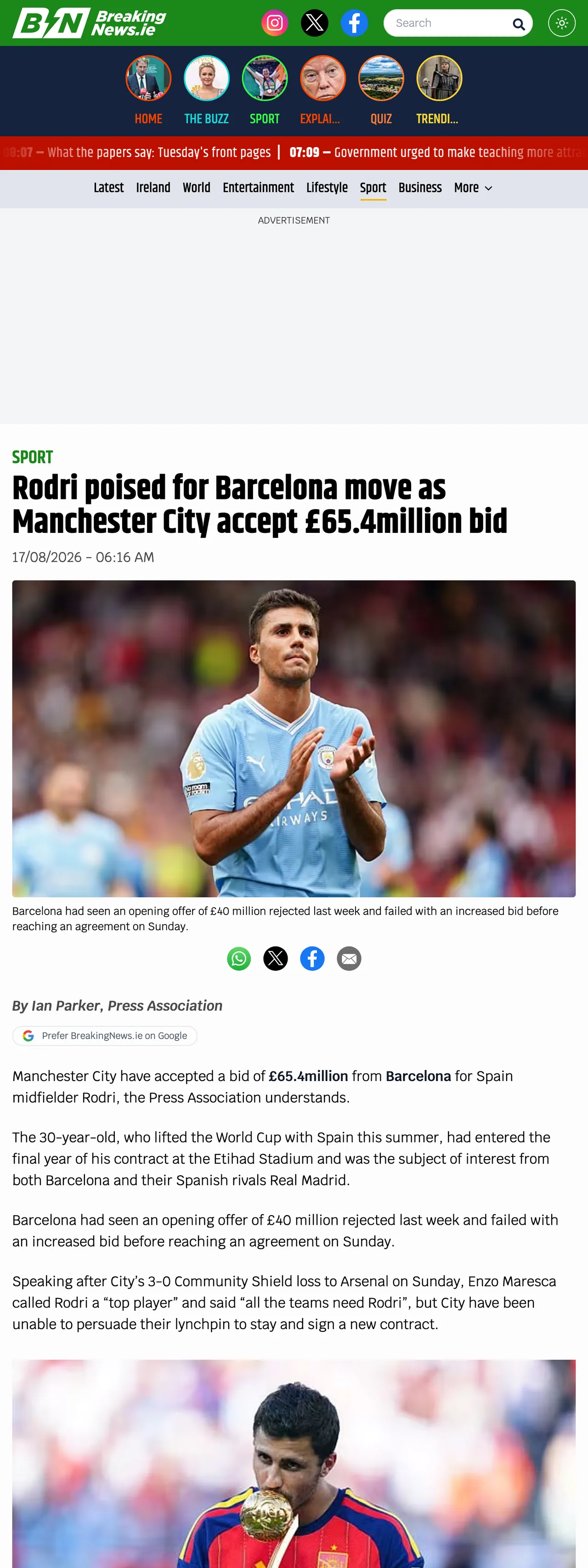 Screenshot of the BreakingNews.ie front page