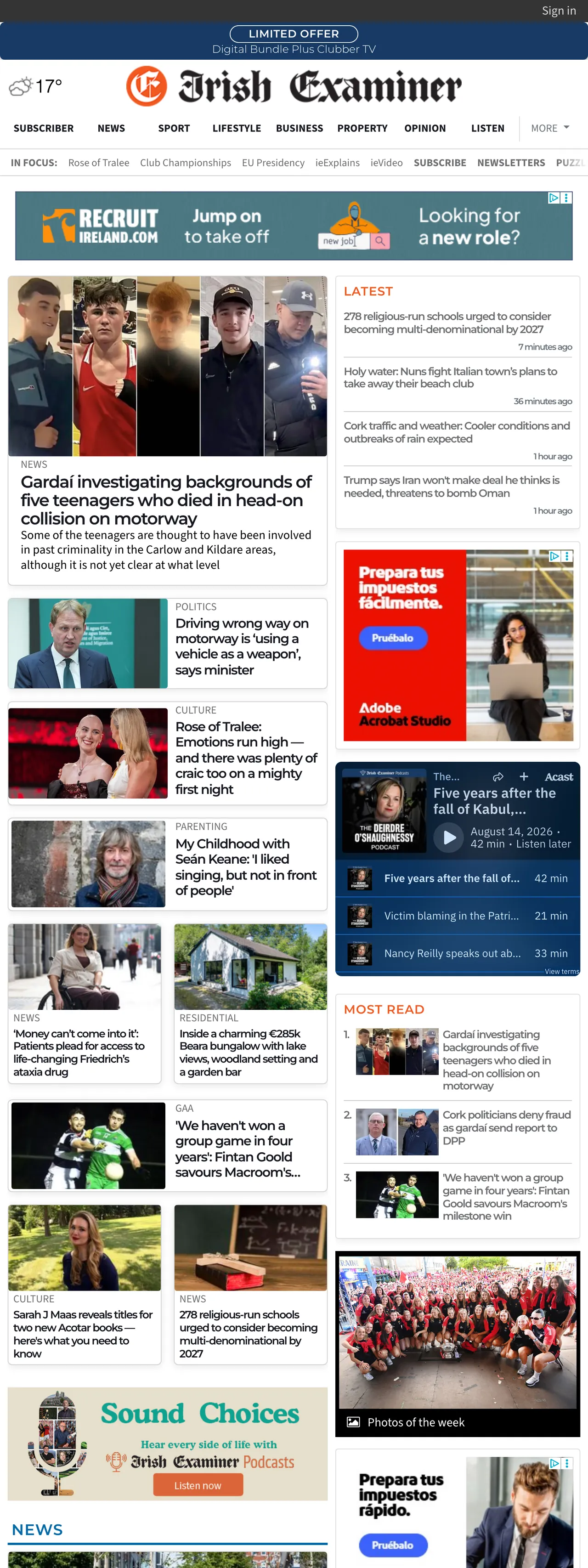 Screenshot of the Irish Examiner front page