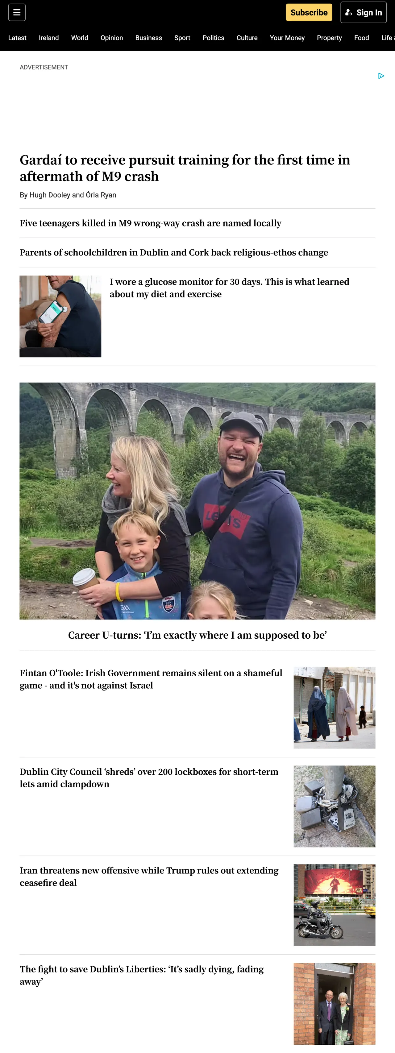 Screenshot of the The Irish Times front page