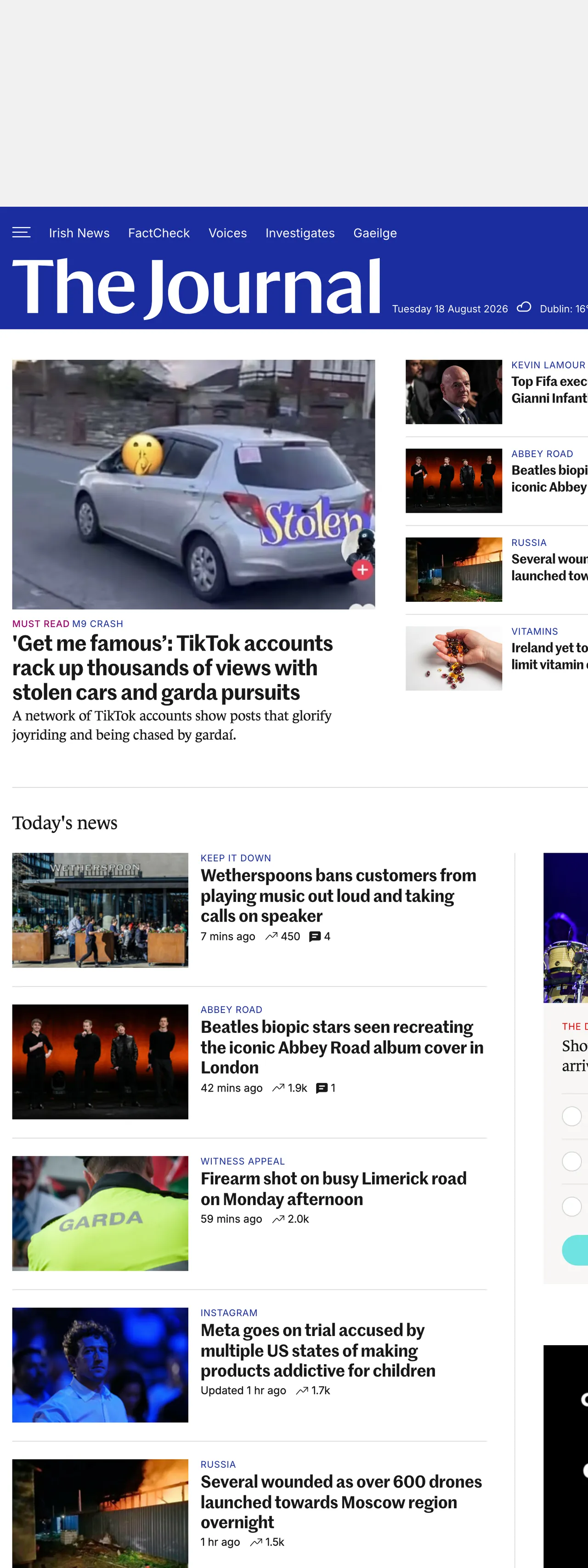 Screenshot of the TheJournal.ie front page