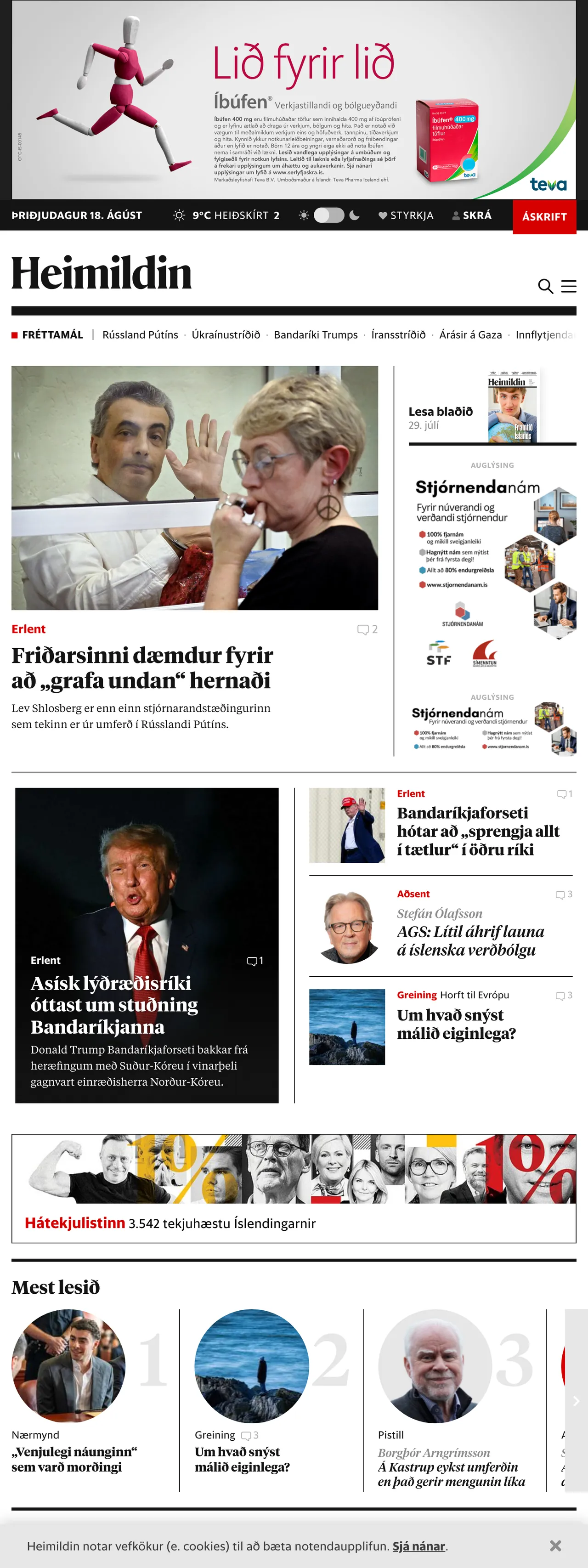Screenshot of the Heimildin front page