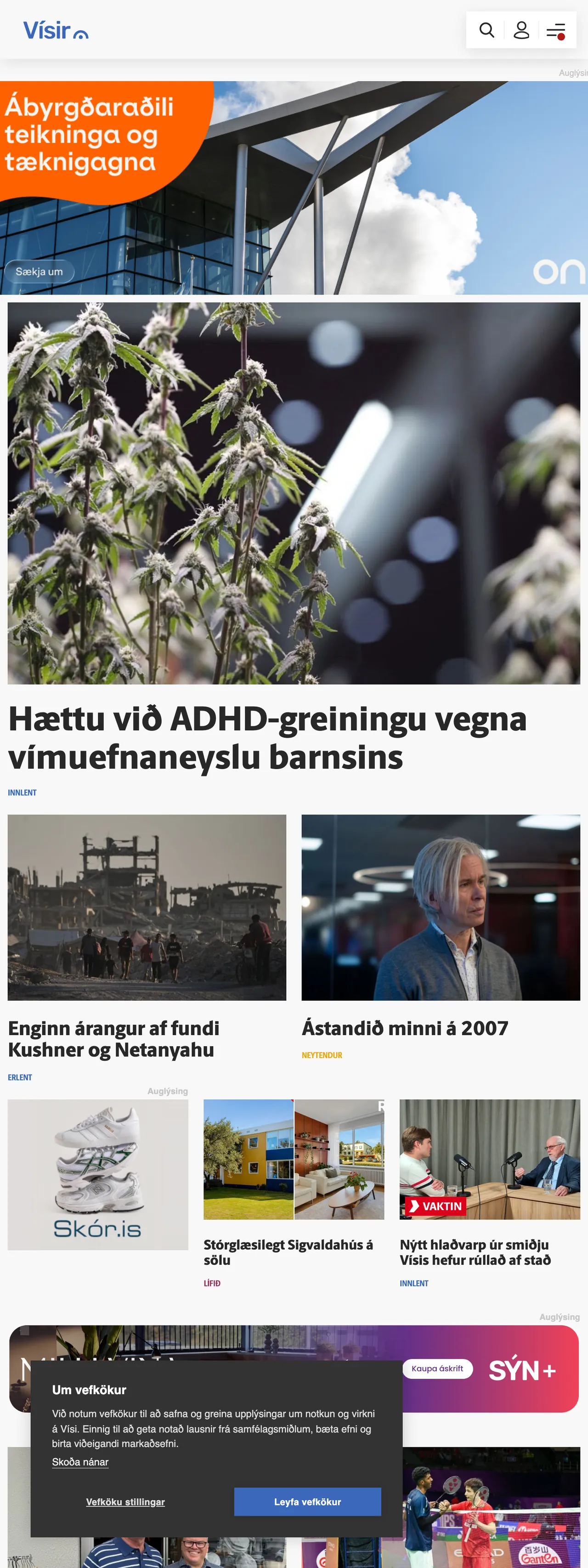 Screenshot of the Vísir front page