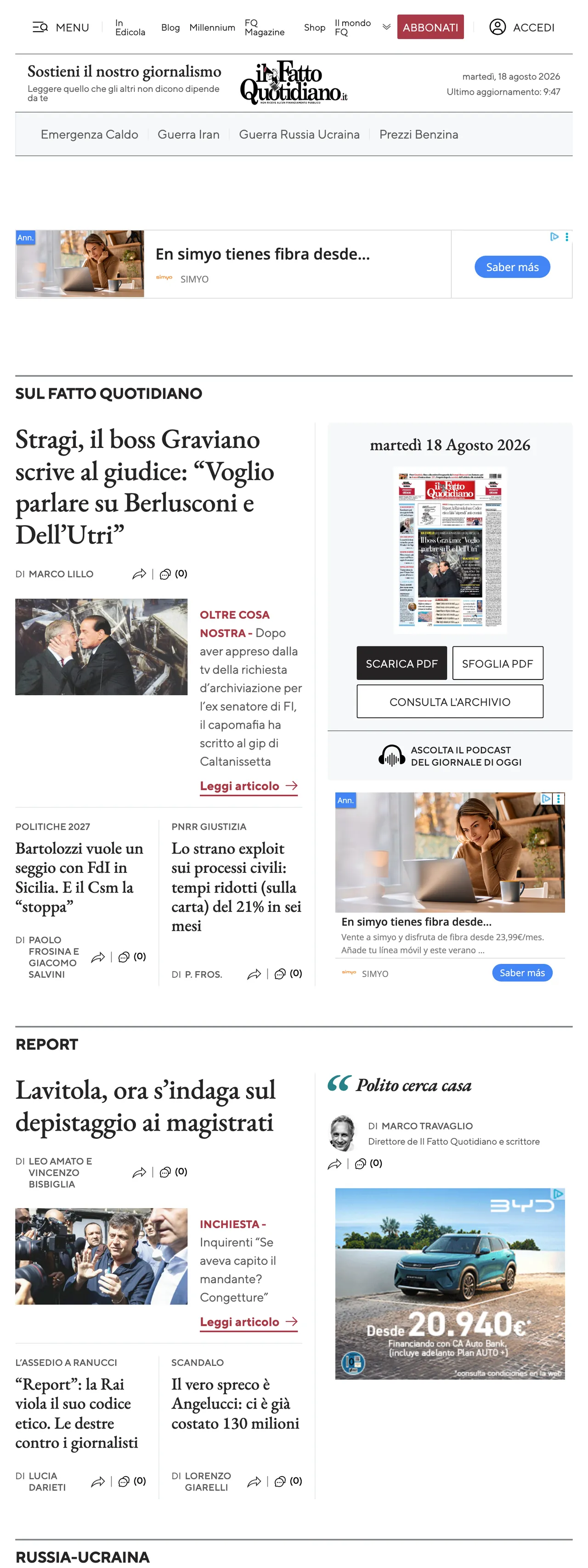 Screenshot of the Il Fatto Quotidiano front page