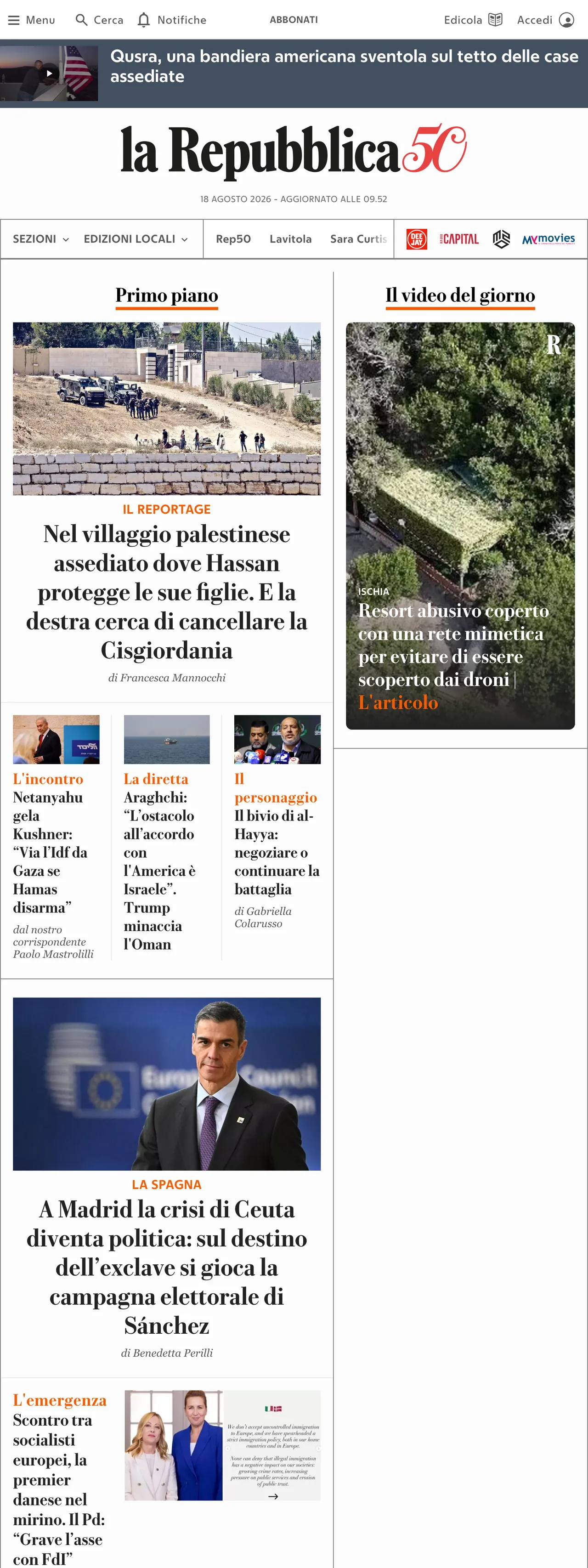 Screenshot of the la Repubblica front page