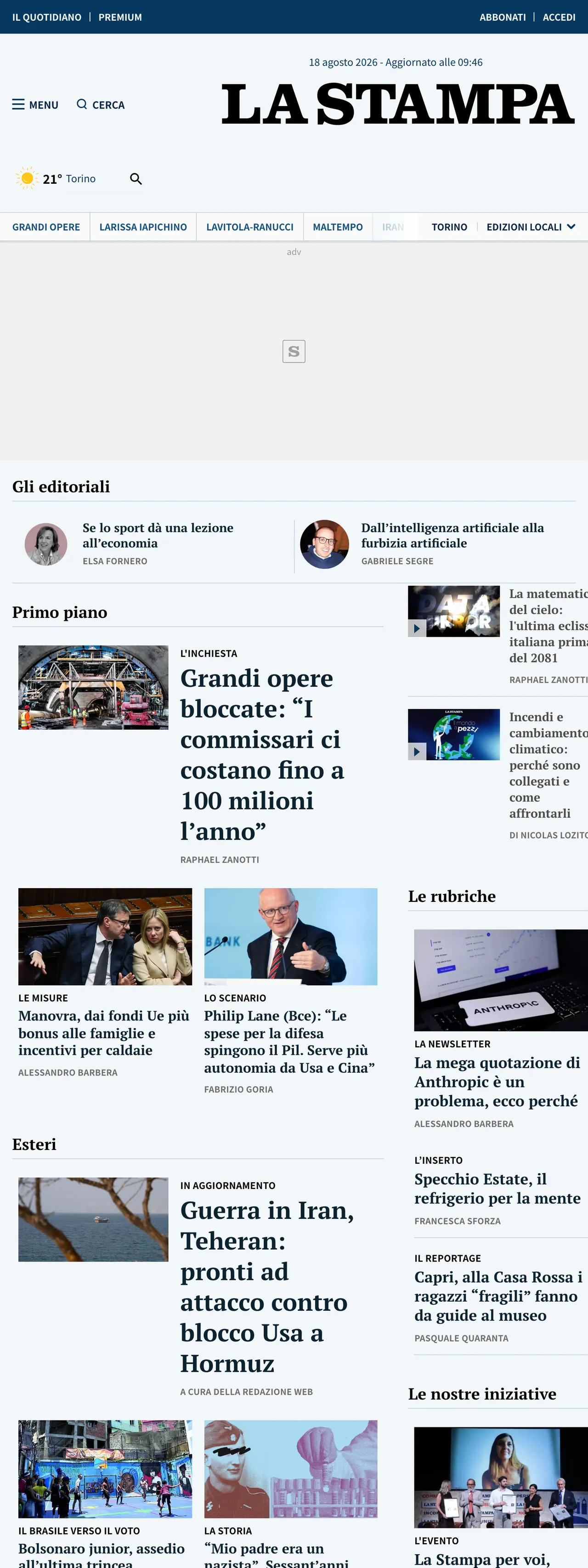 Screenshot of the La Stampa front page