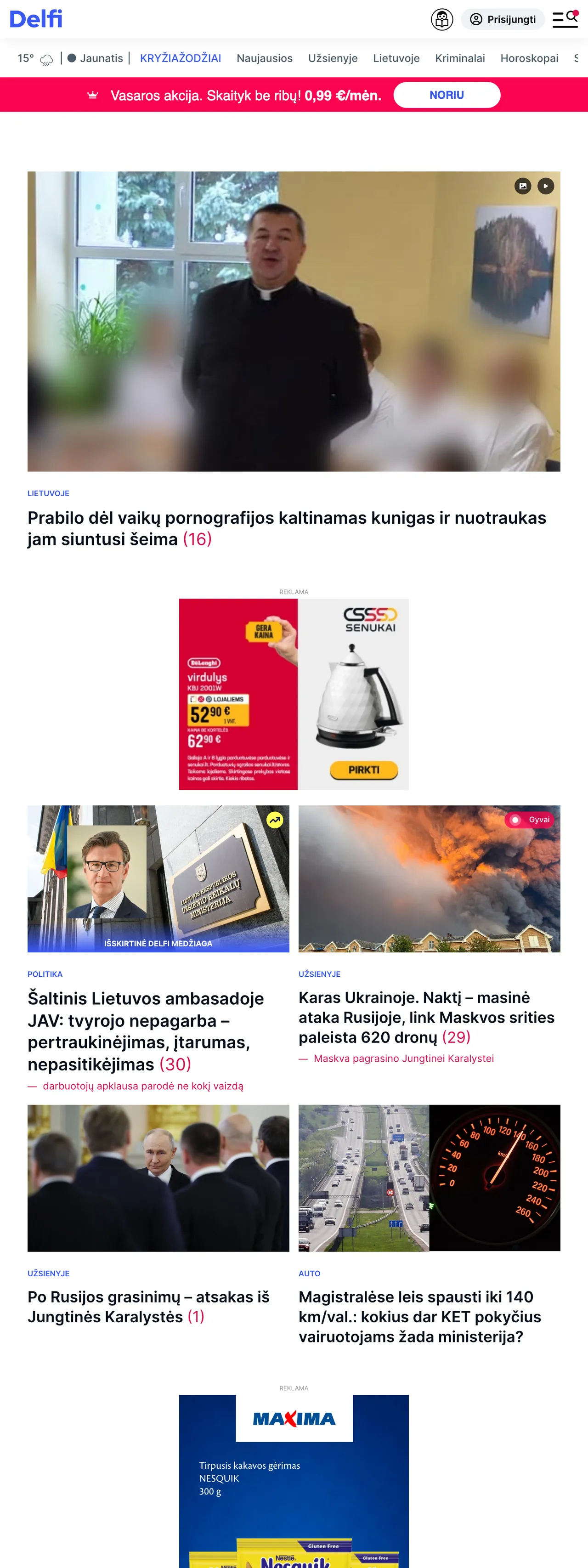 Screenshot of the Delfi front page