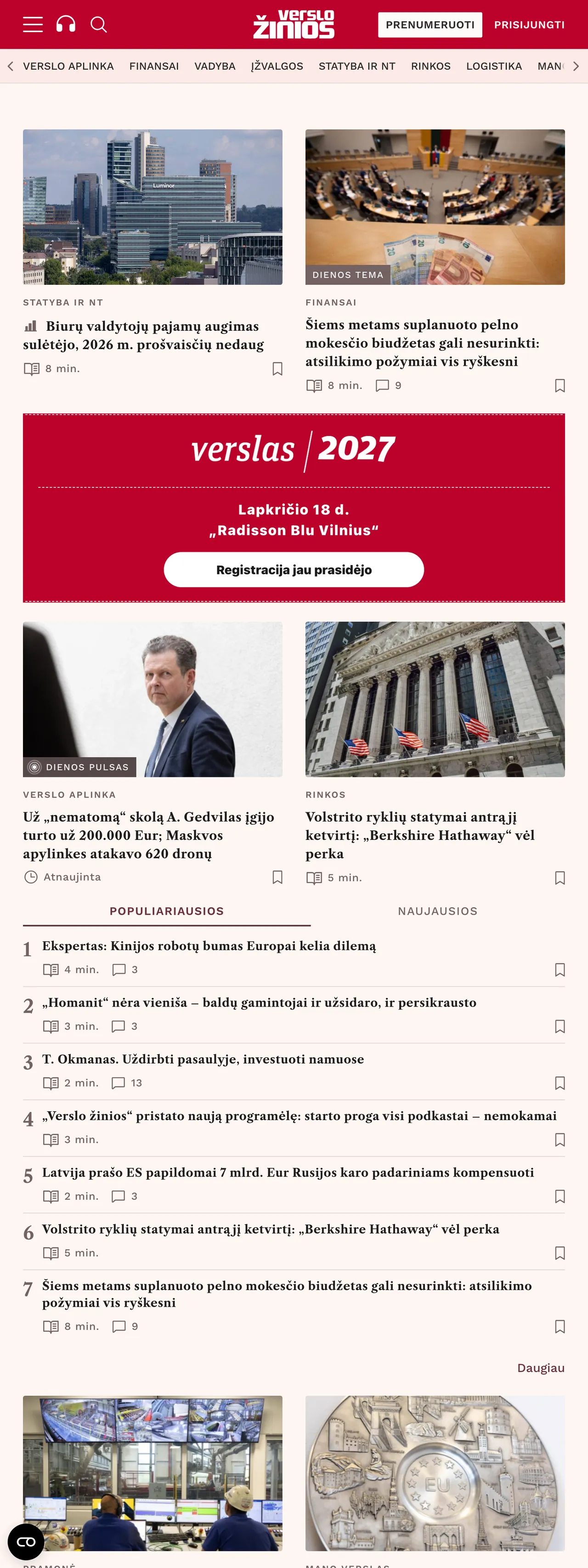 Screenshot of the Verslo žinios front page