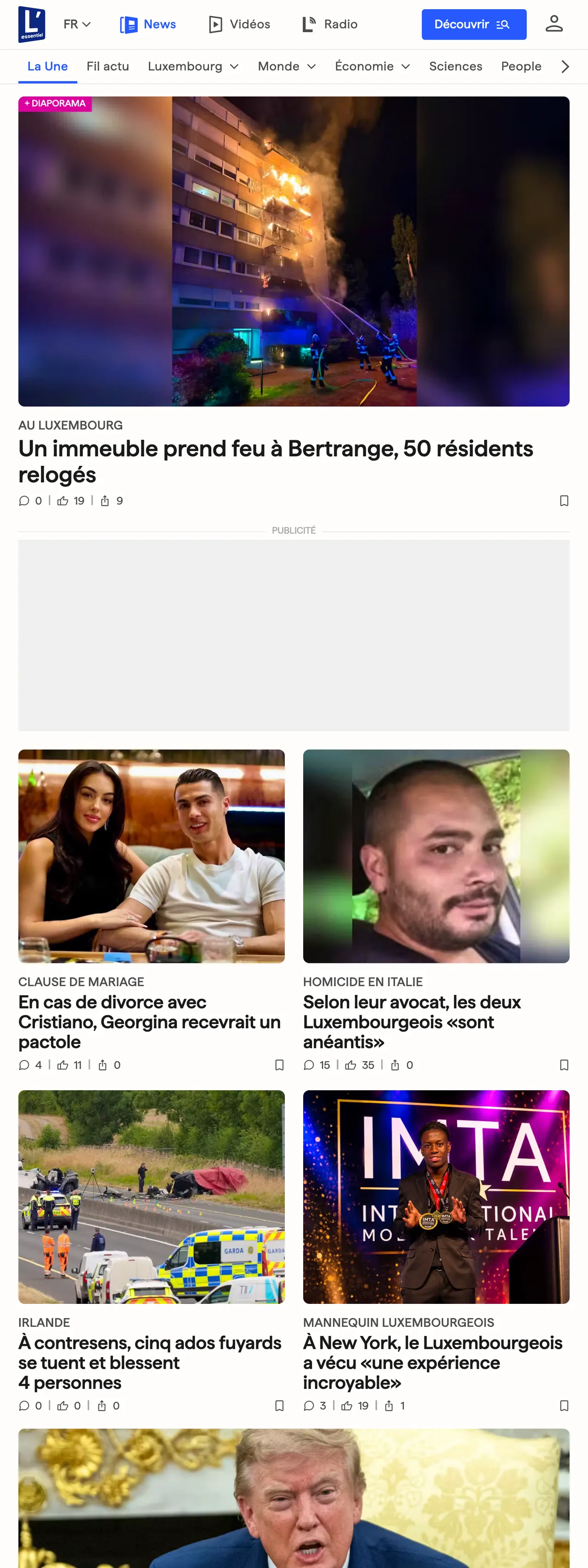 Screenshot of the L'essentiel front page