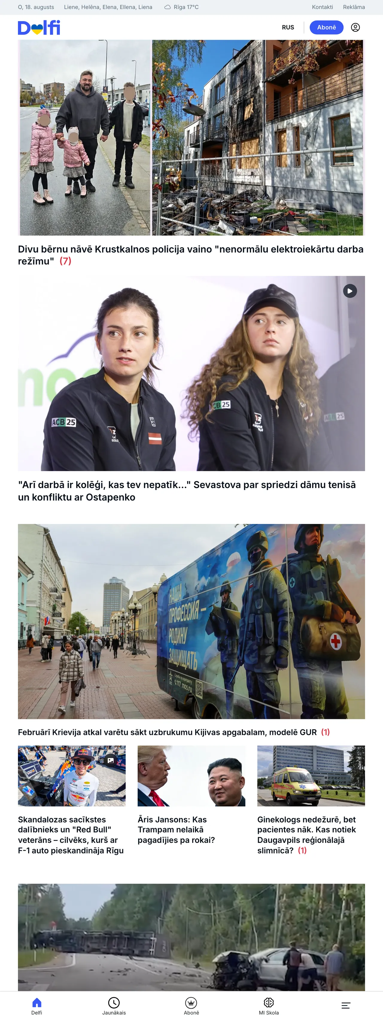 Screenshot of the Delfi front page