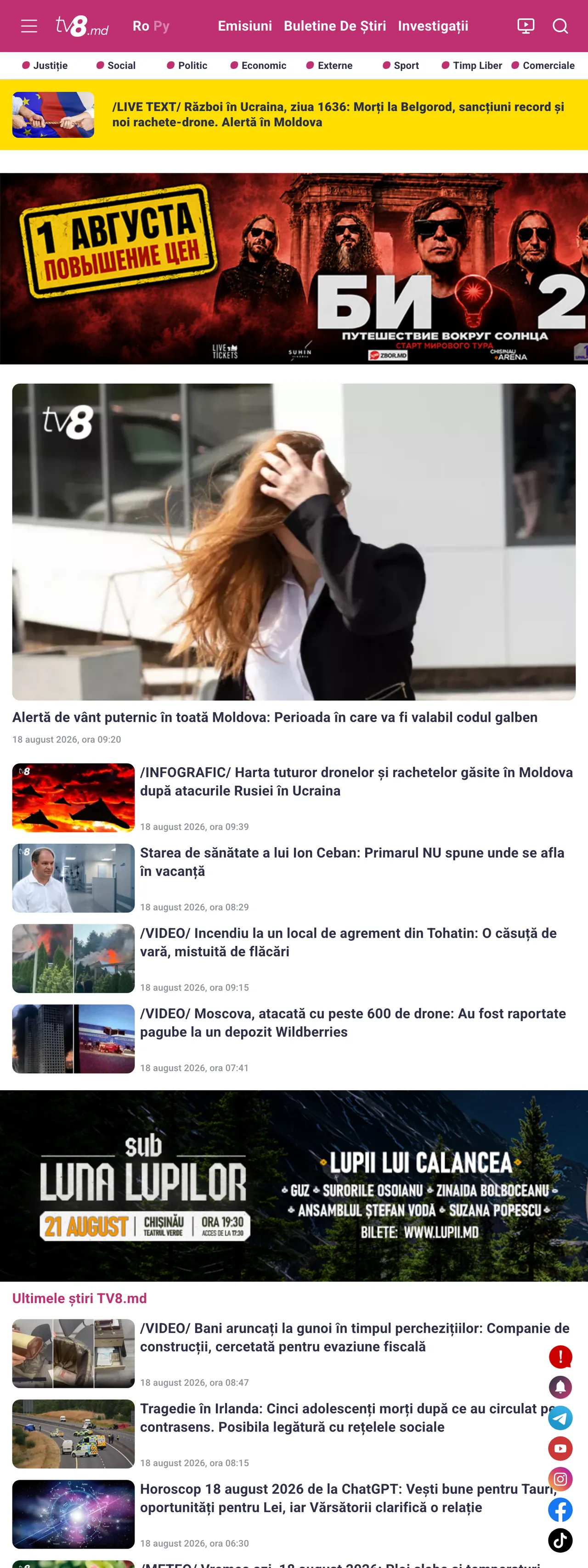 Screenshot of the TV8 front page