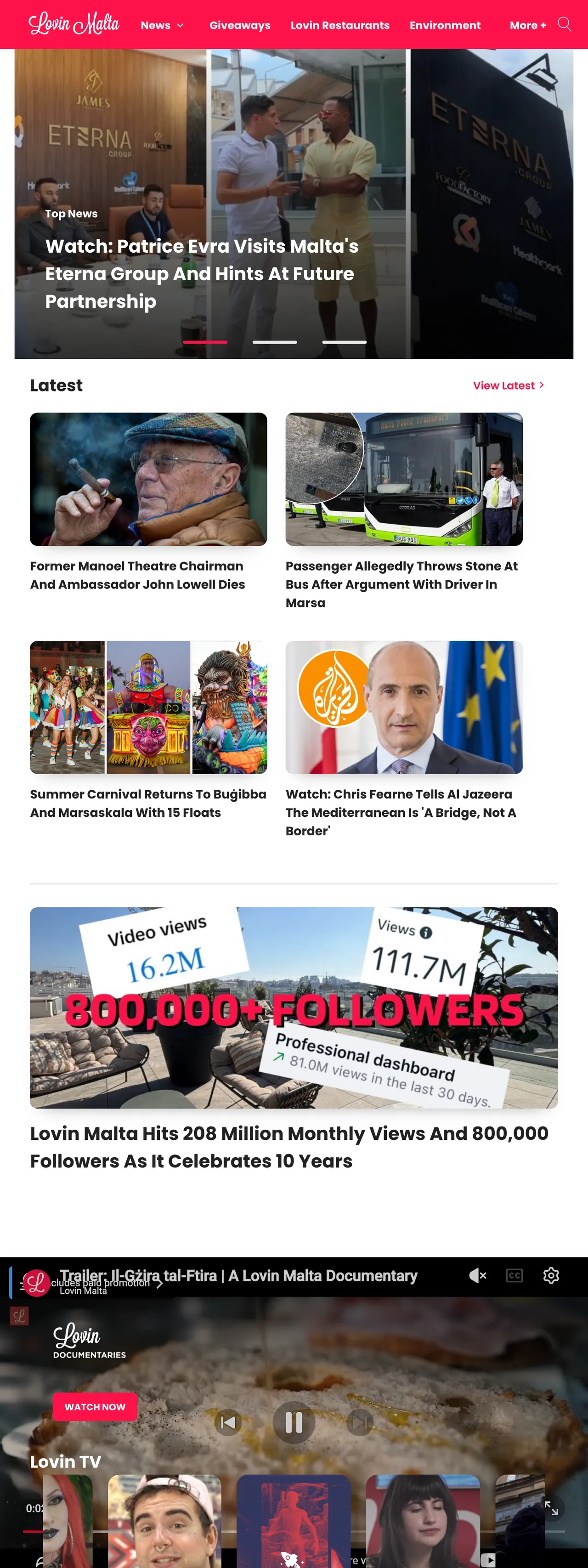 Screenshot of the Lovin Malta front page