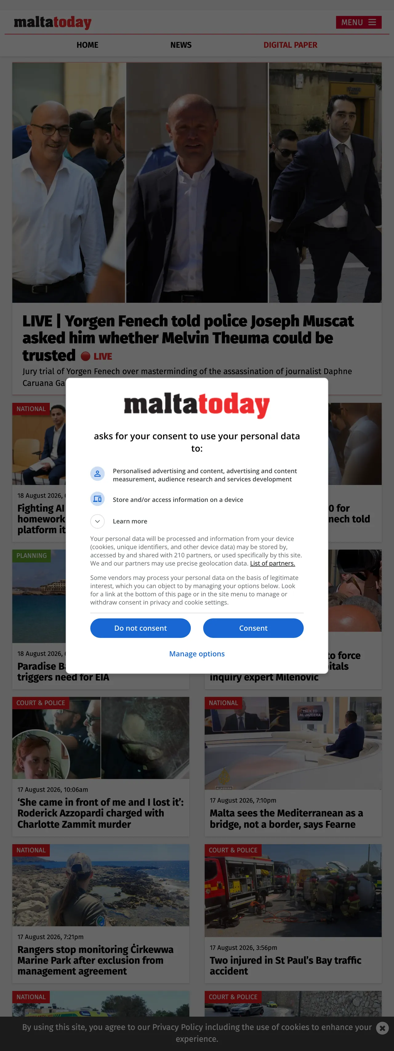 Screenshot of the Malta Today front page