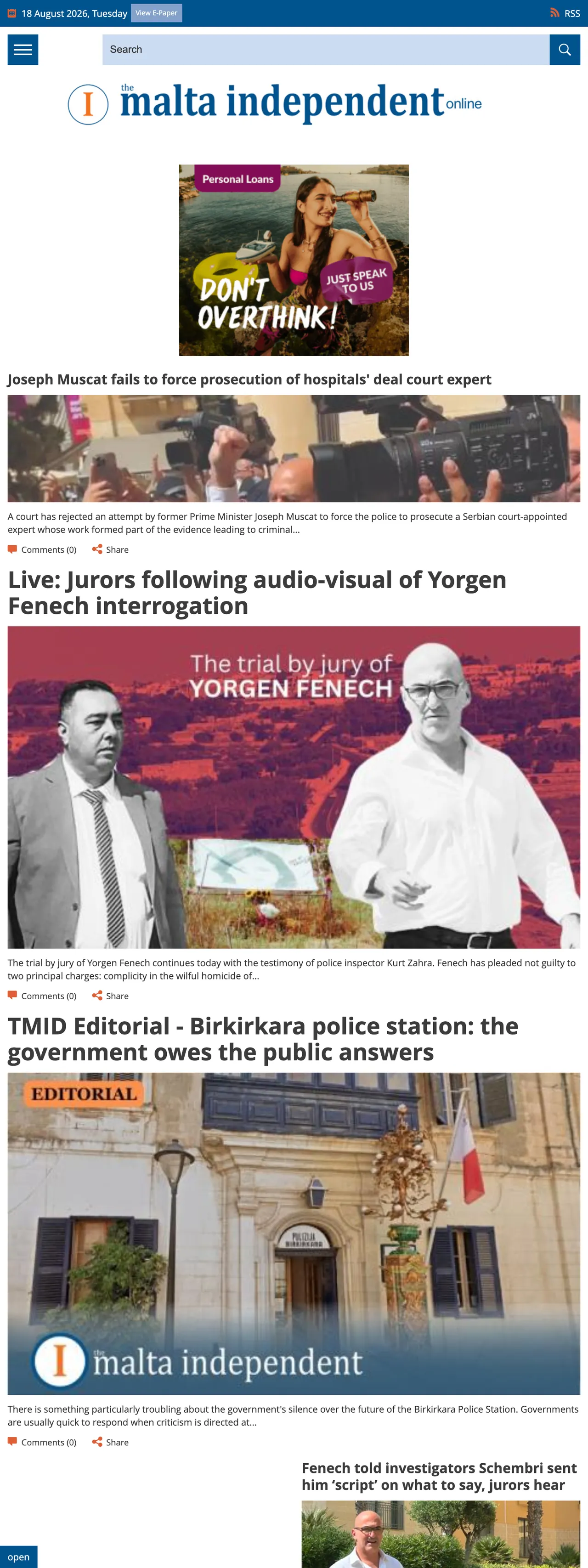 Screenshot of the The Malta Independent front page