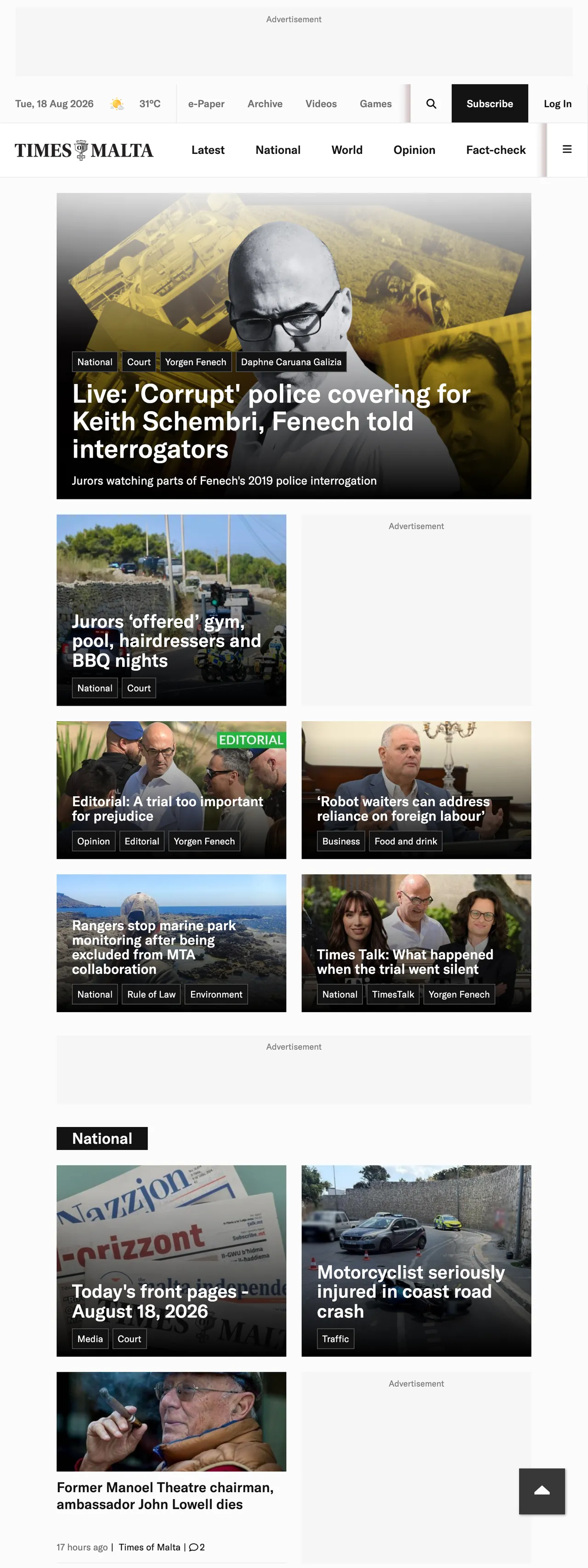 Screenshot of the Times of Malta front page