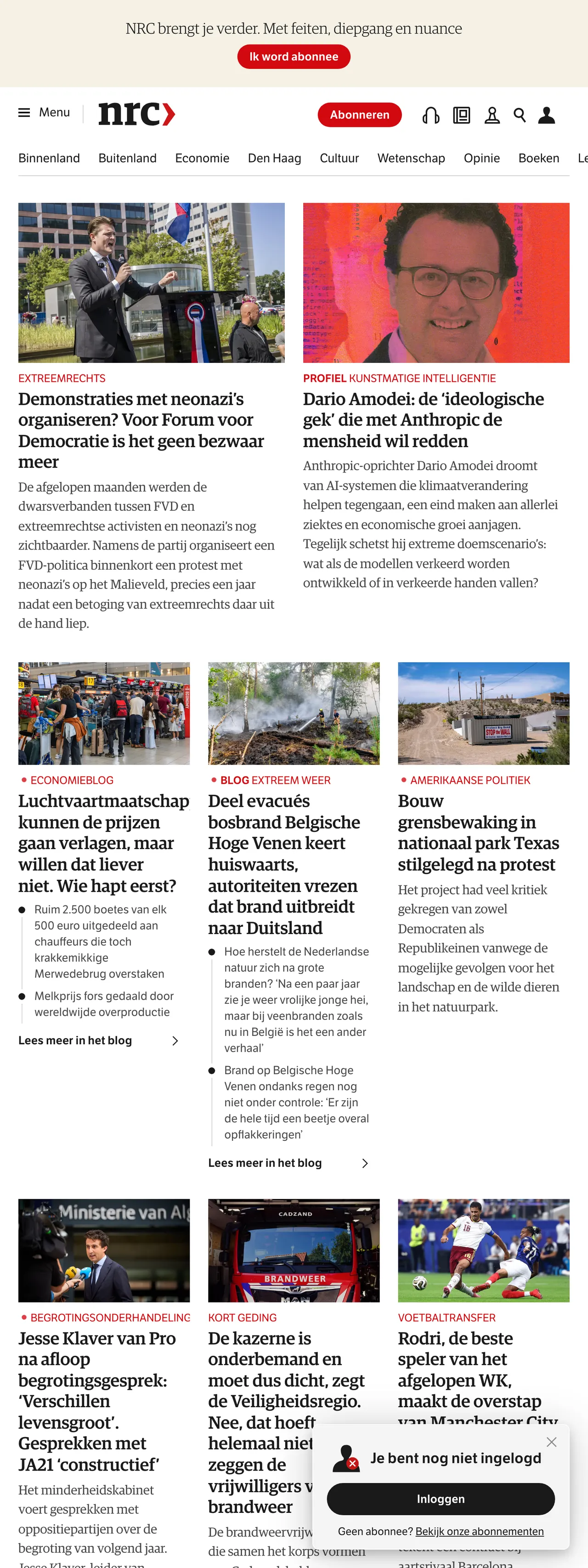 Screenshot of the NRC front page