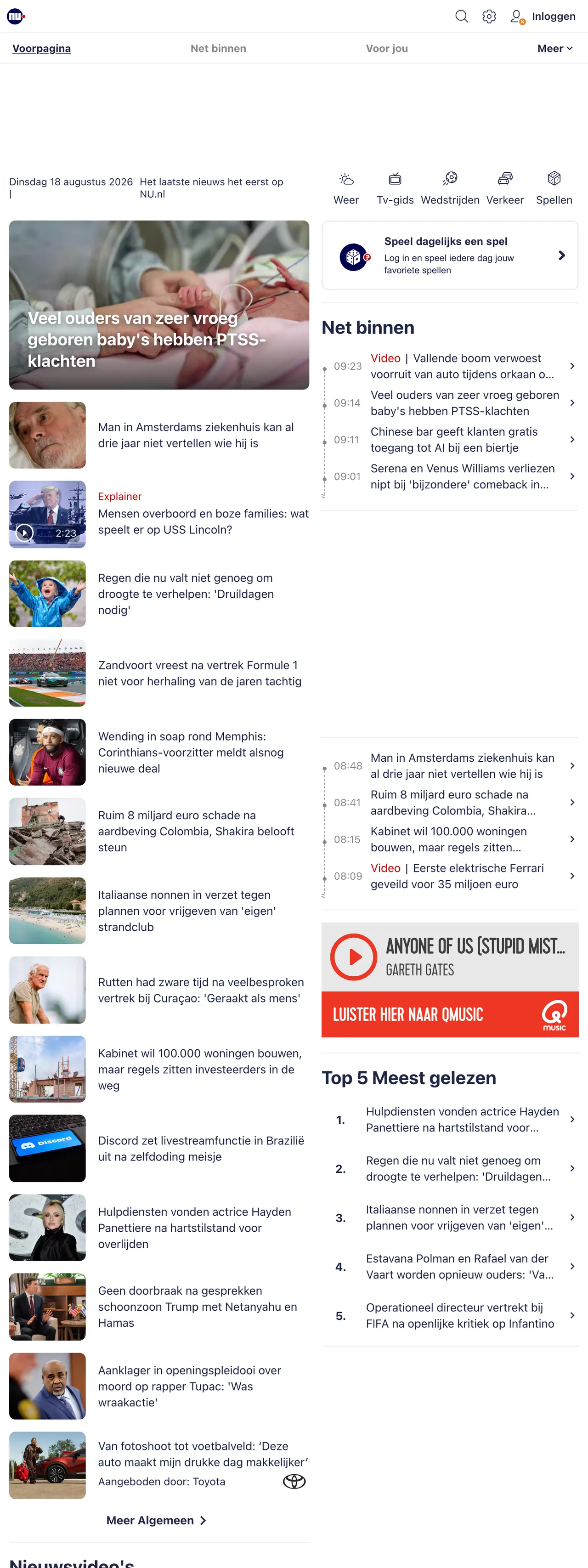 Screenshot of the NU.nl front page