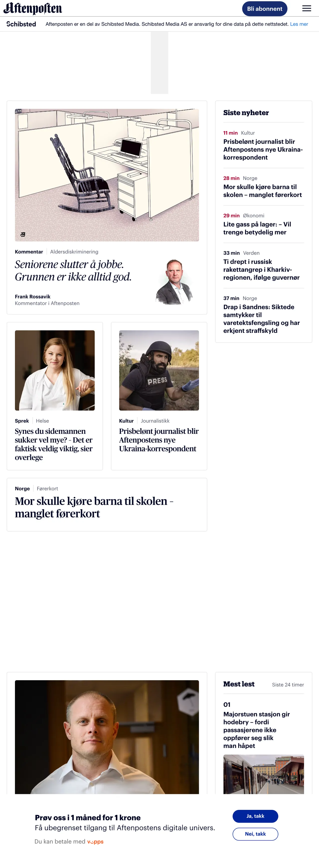Screenshot of the Aftenposten front page
