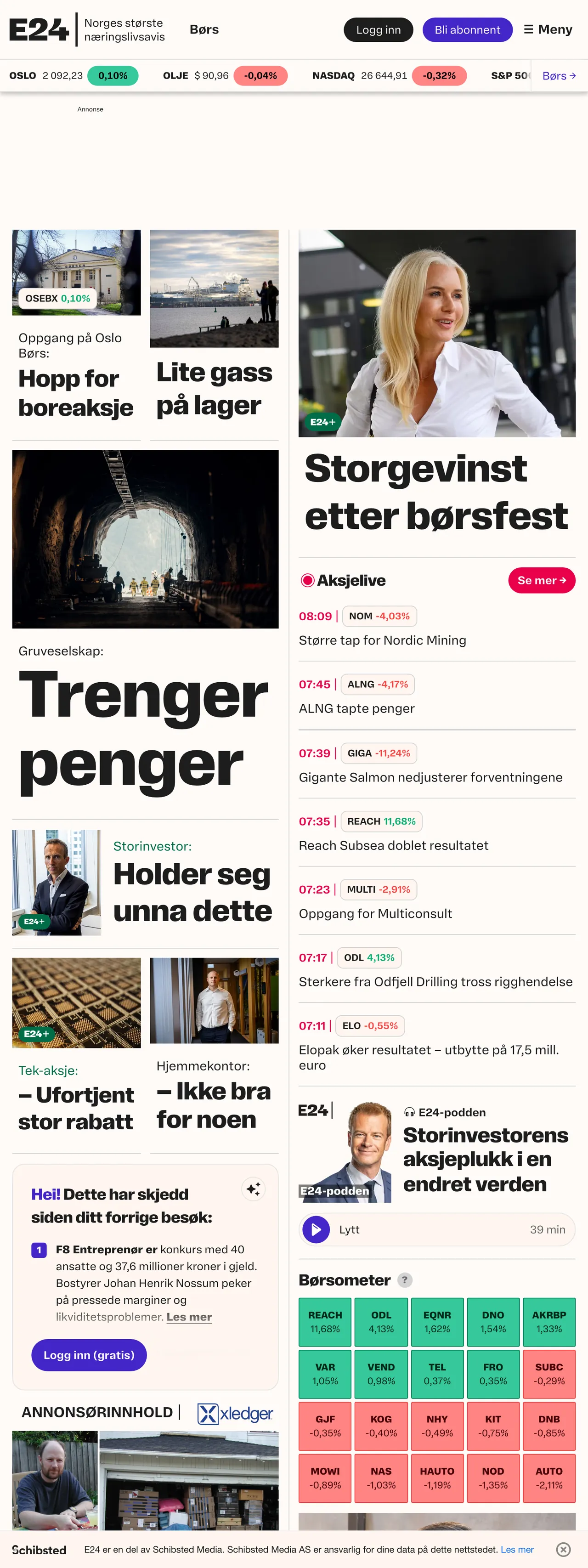Screenshot of the E24 front page