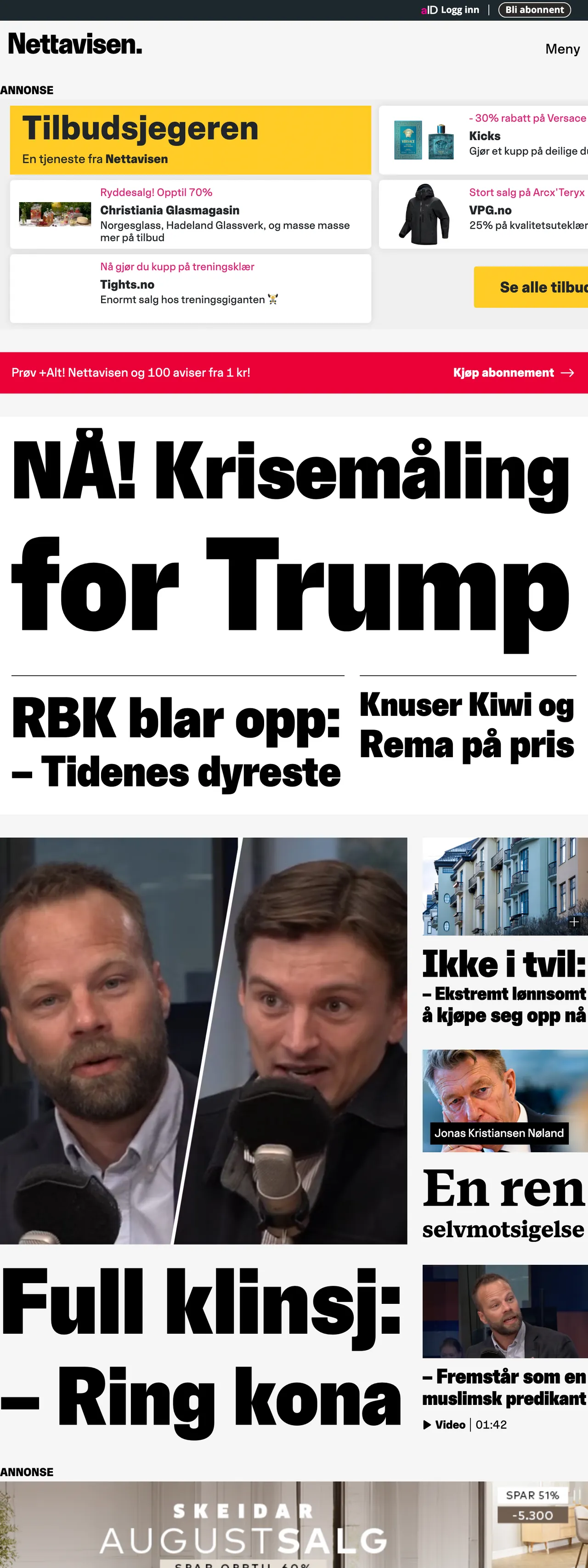 Screenshot of the Nettavisen front page