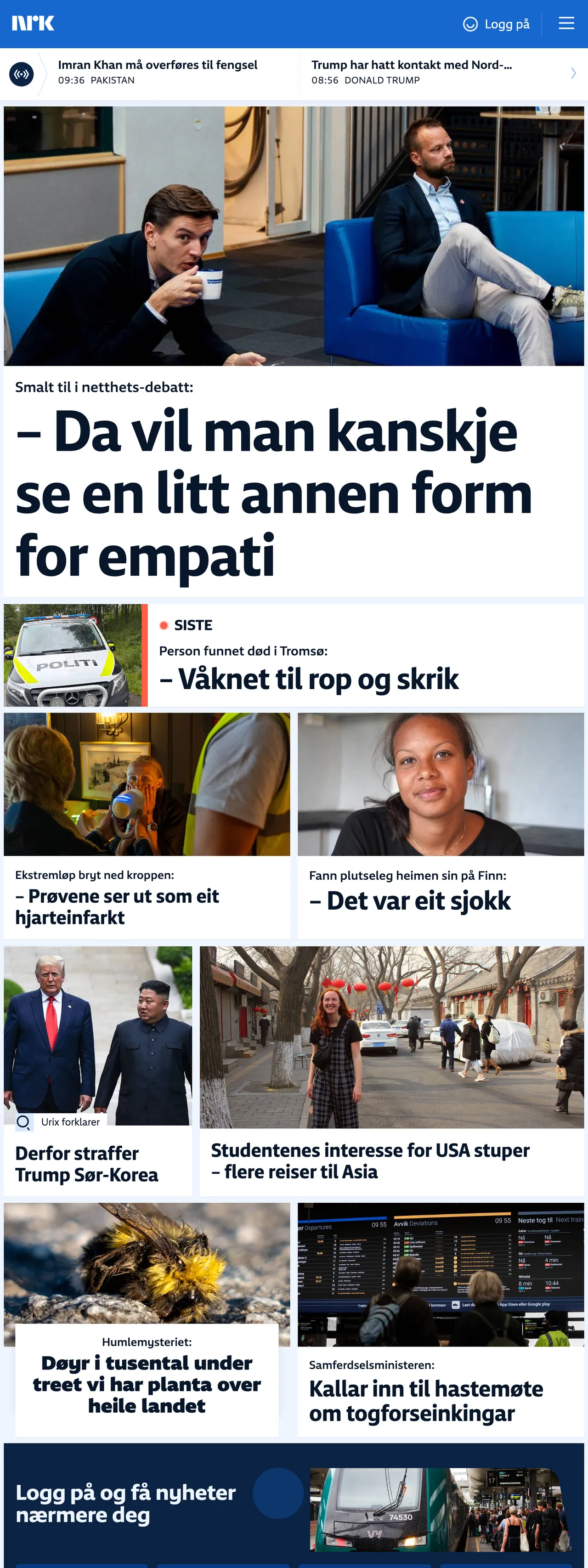 Screenshot of the NRK front page