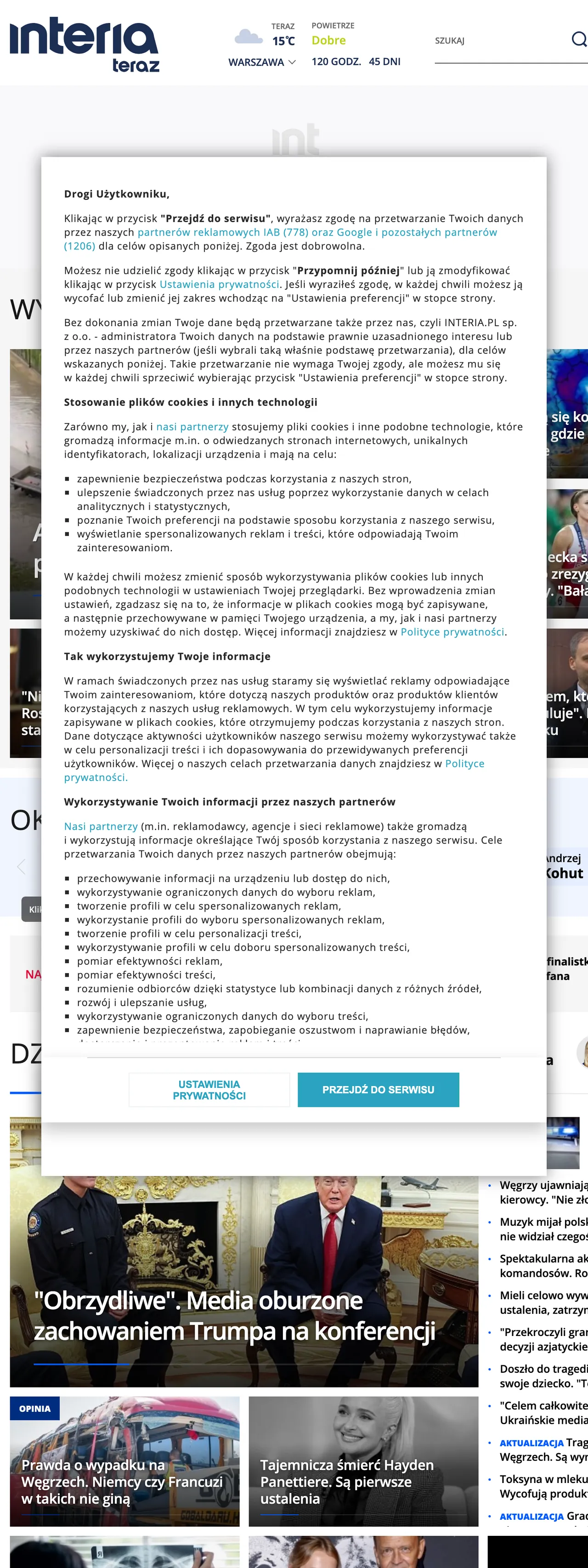 Screenshot of the Interia front page