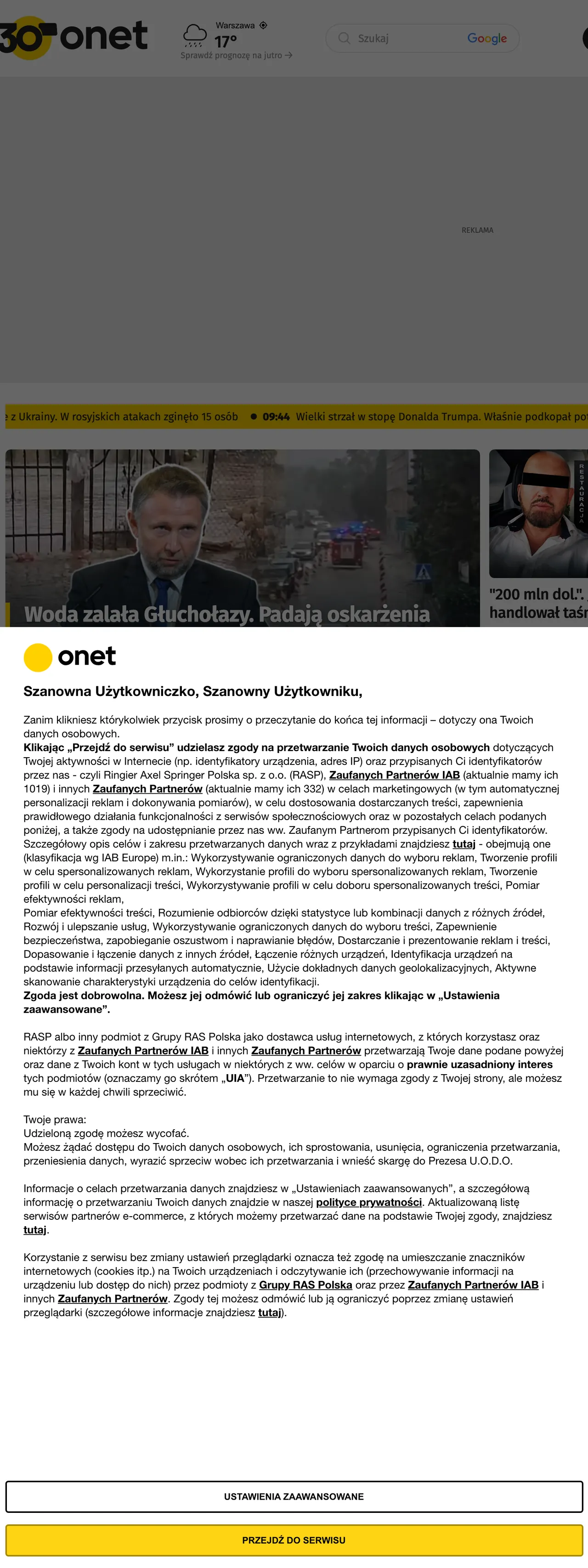 Screenshot of the Onet front page