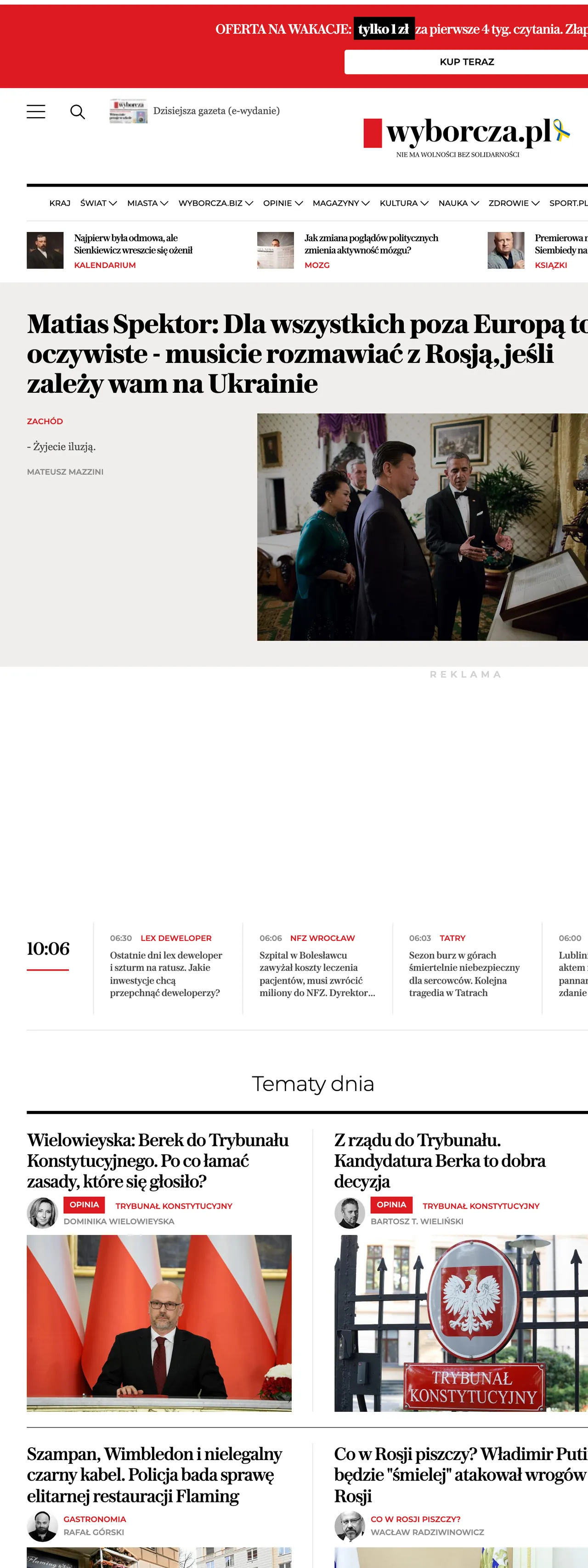 Screenshot of the Wyborcza front page