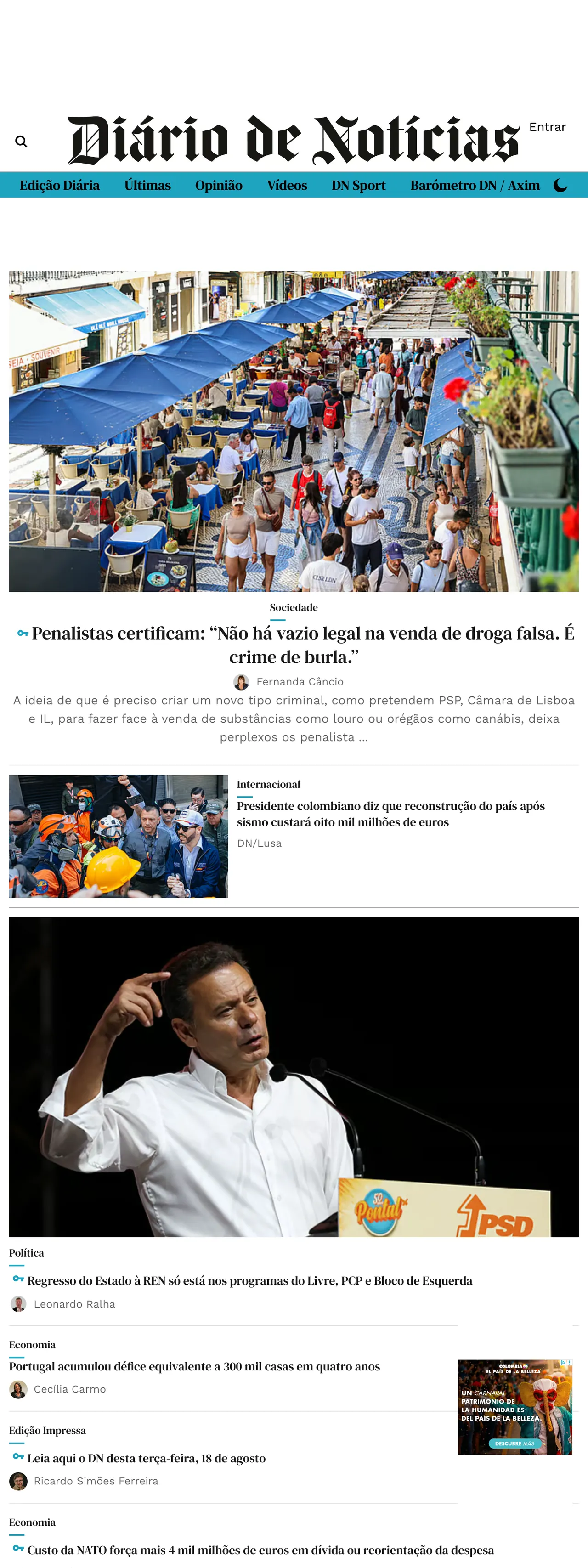 Screenshot of the Diário de Notícias front page