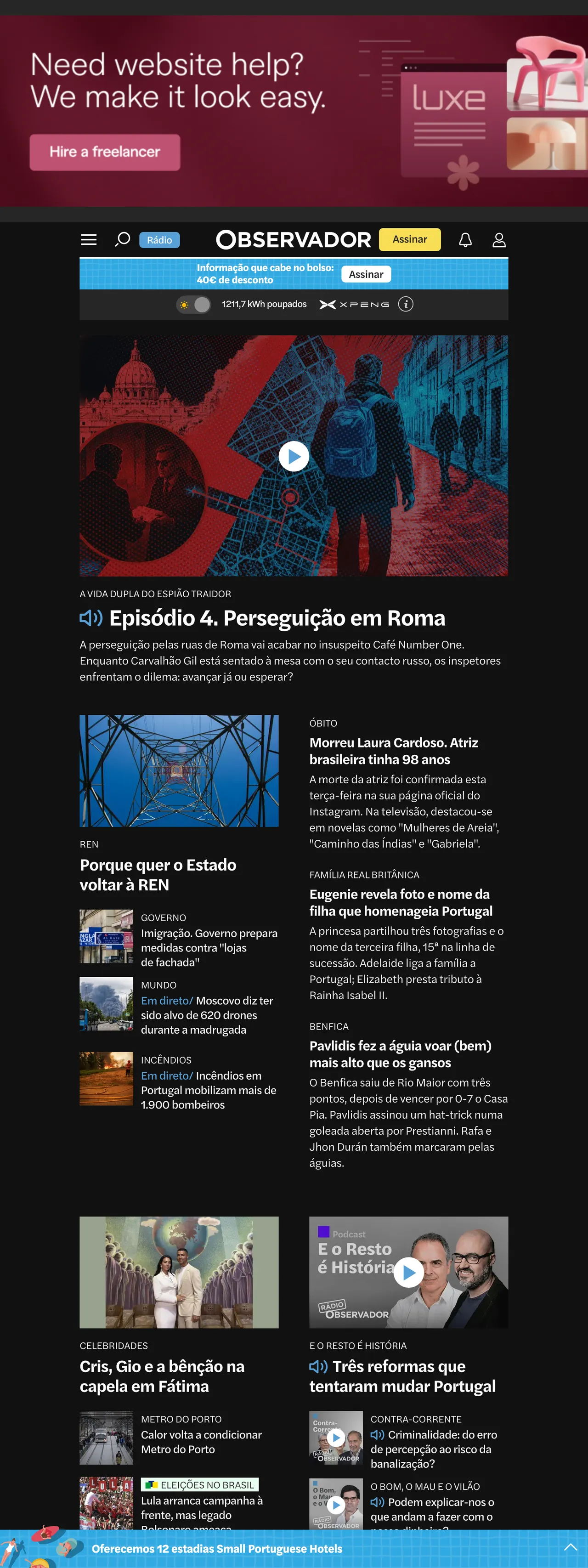 Screenshot of the Observador front page
