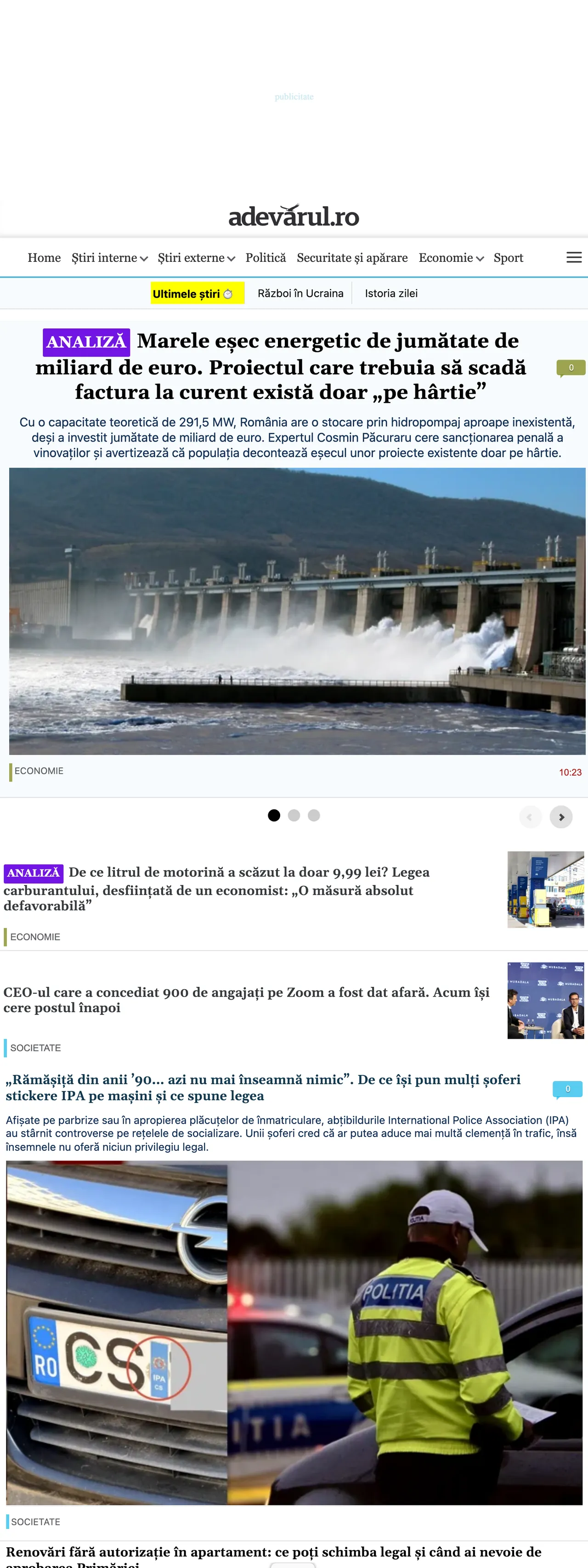 Screenshot of the Adevărul front page