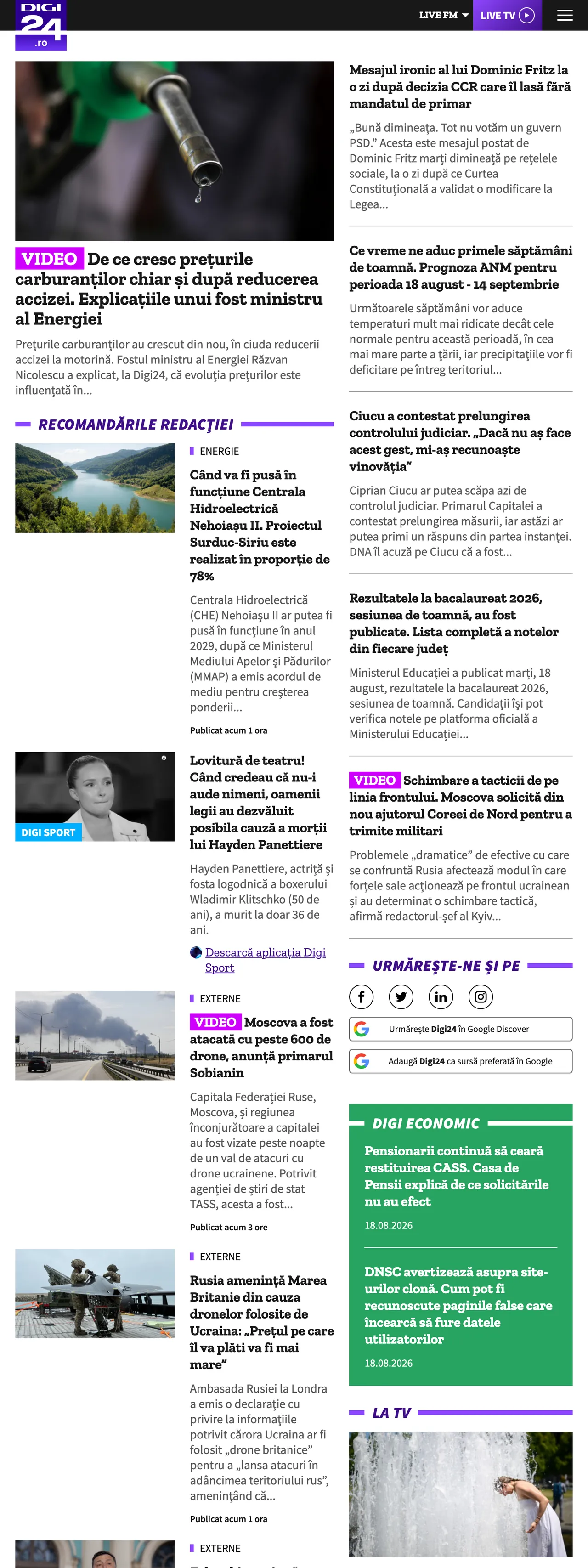 Screenshot of the Digi24 front page