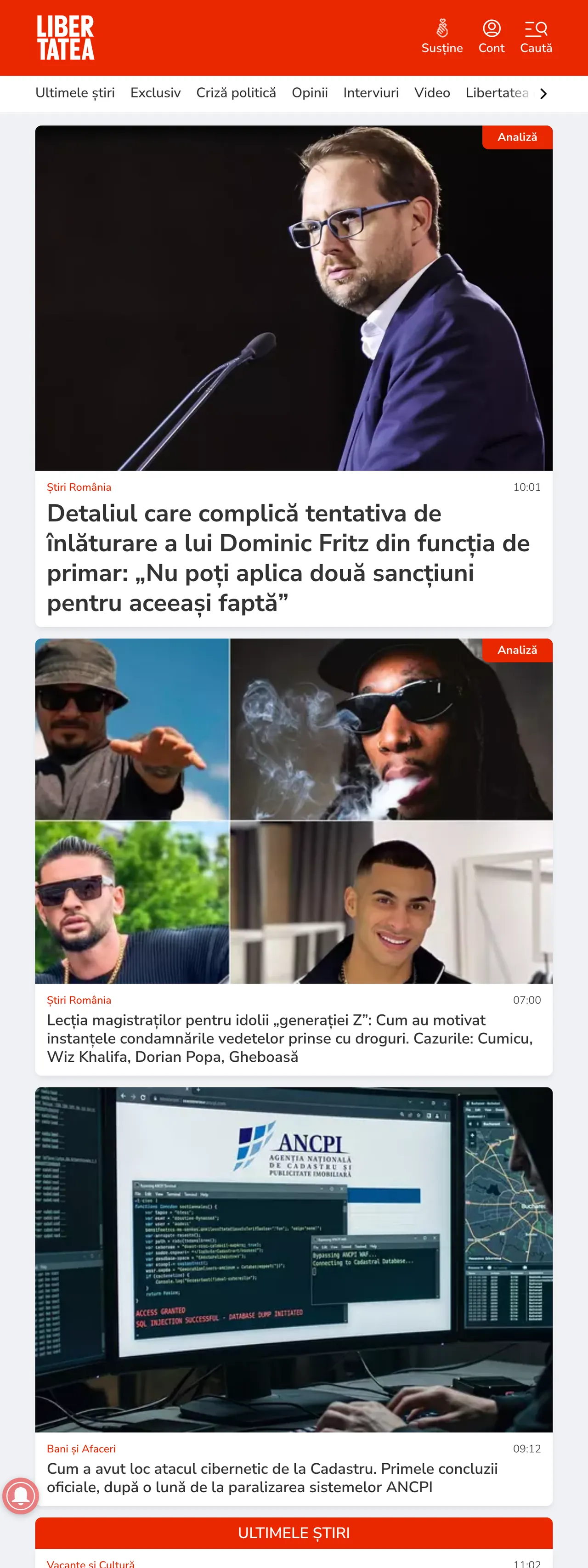 Screenshot of the Libertatea front page