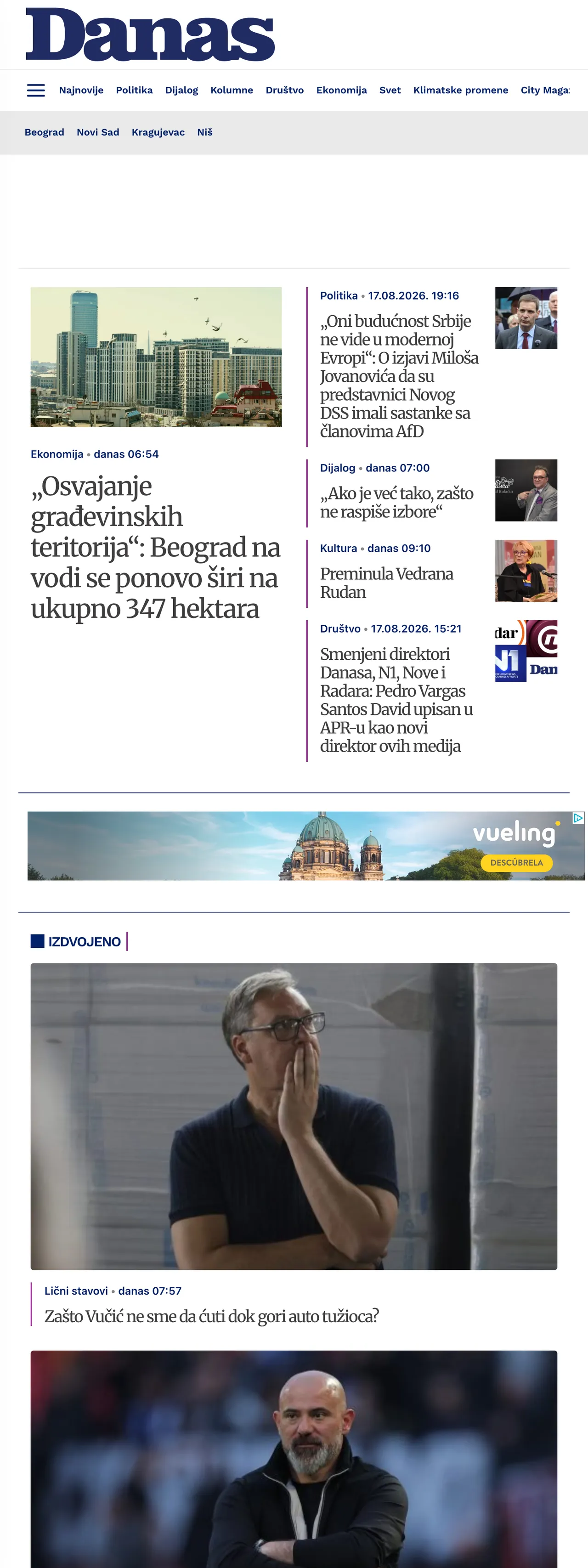 Screenshot of the Danas front page
