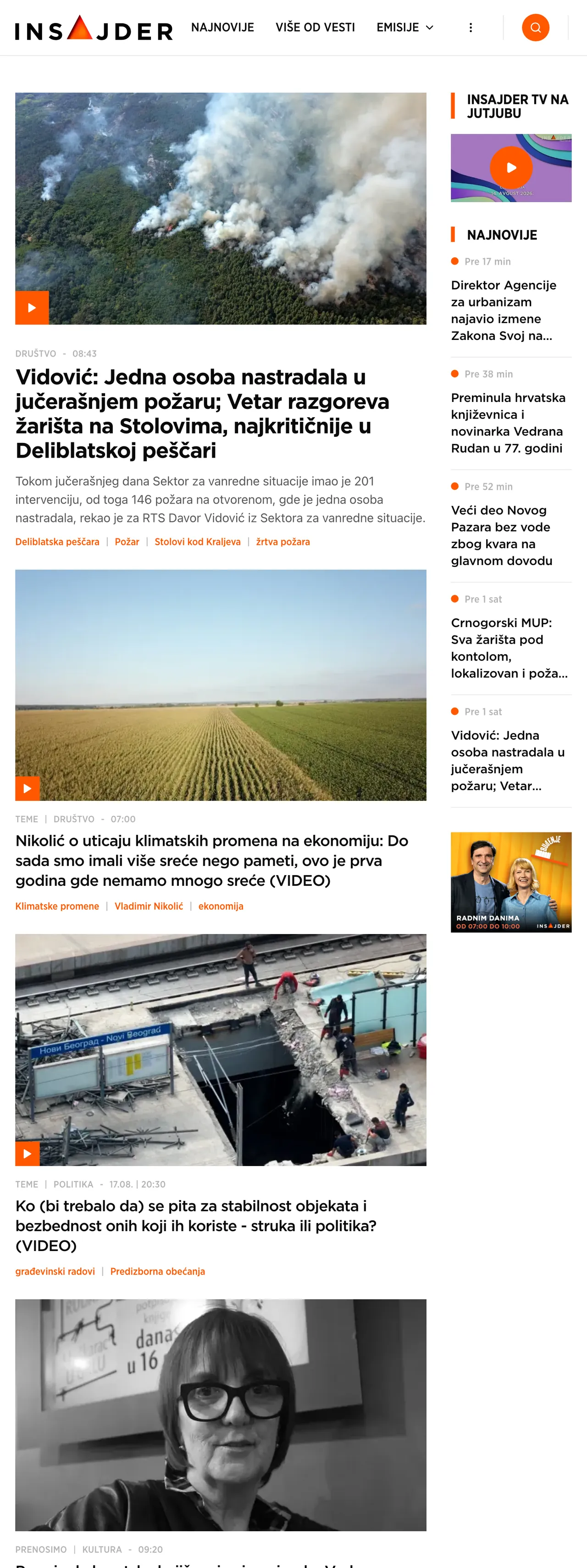 Screenshot of the Insajder front page