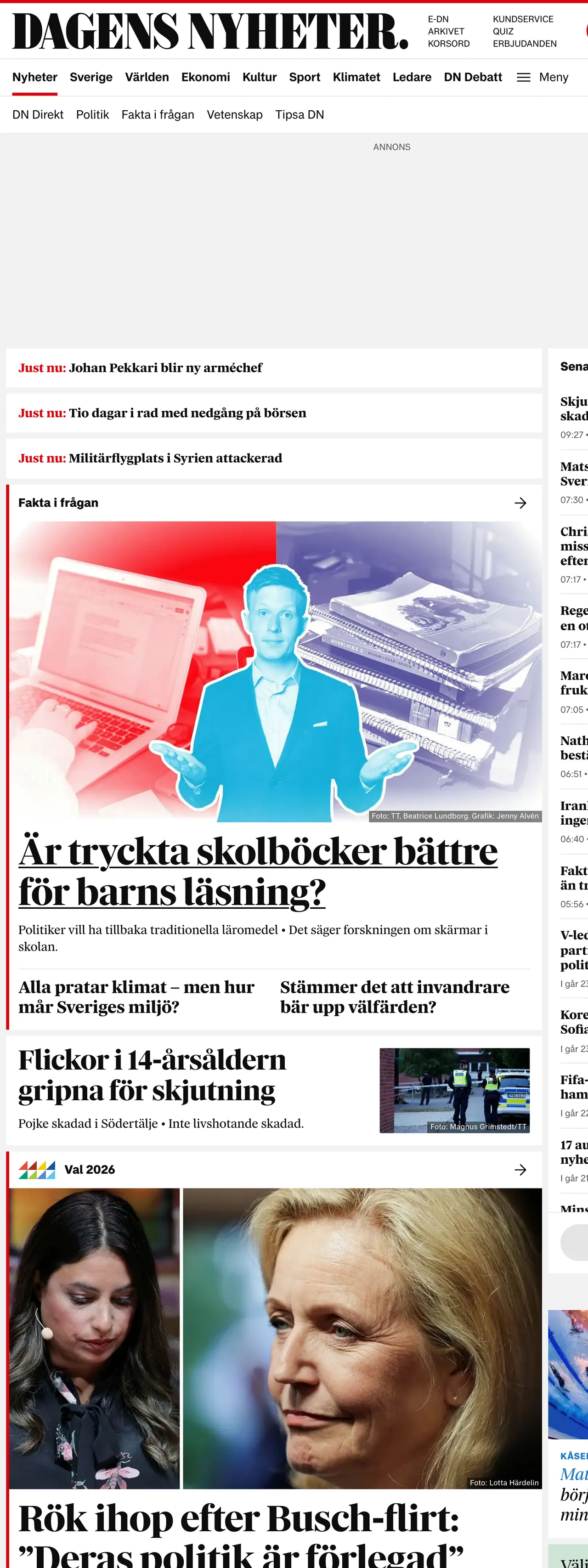 Screenshot of the Dagens Nyheter front page