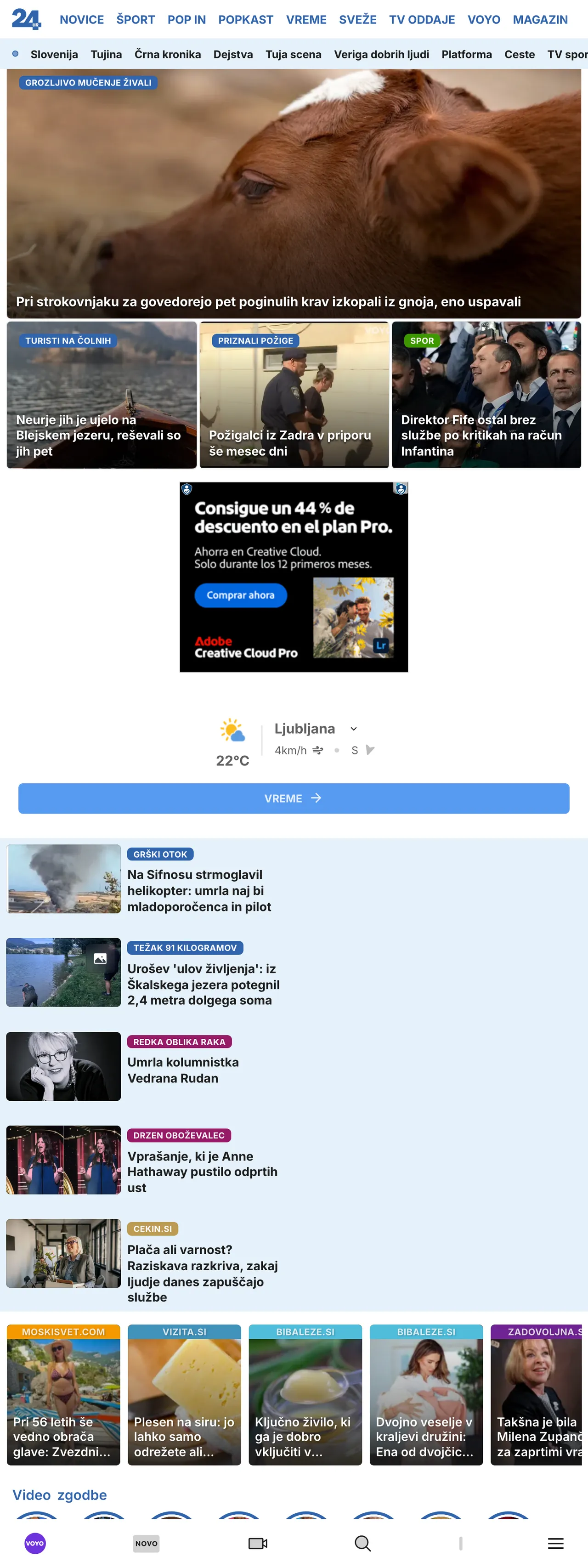 Screenshot of the 24ur front page