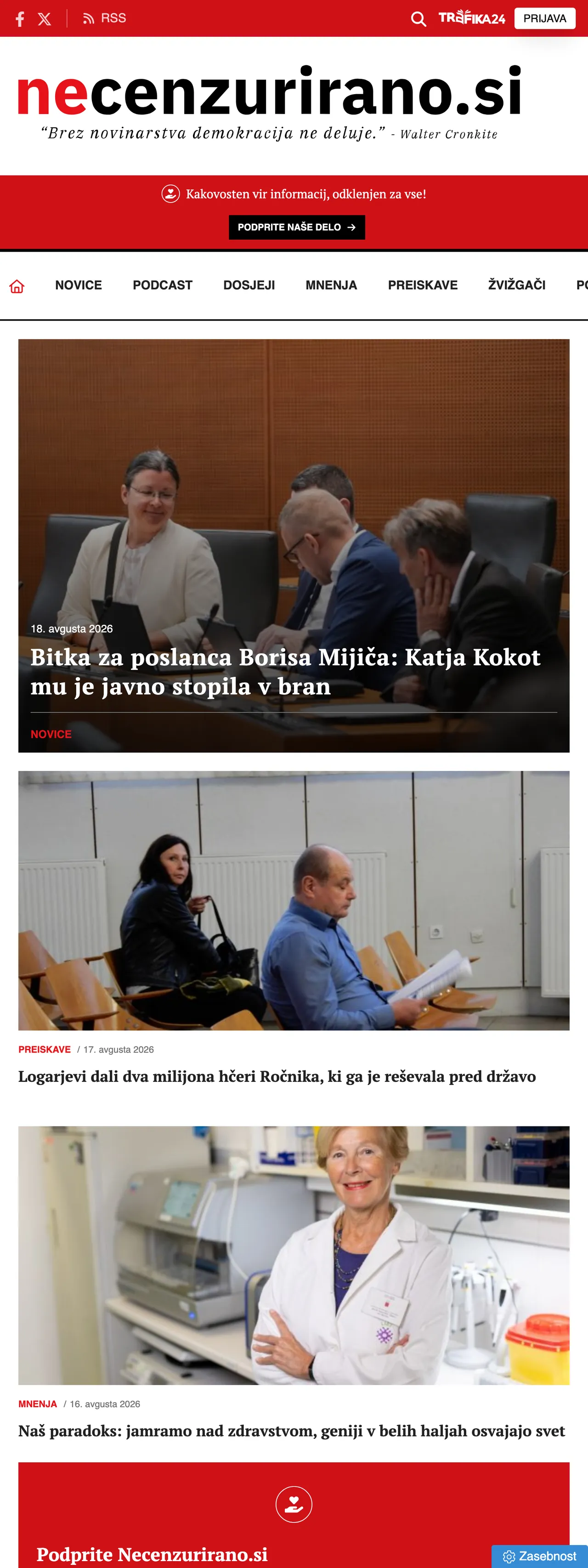 Screenshot of the Necenzurirano front page