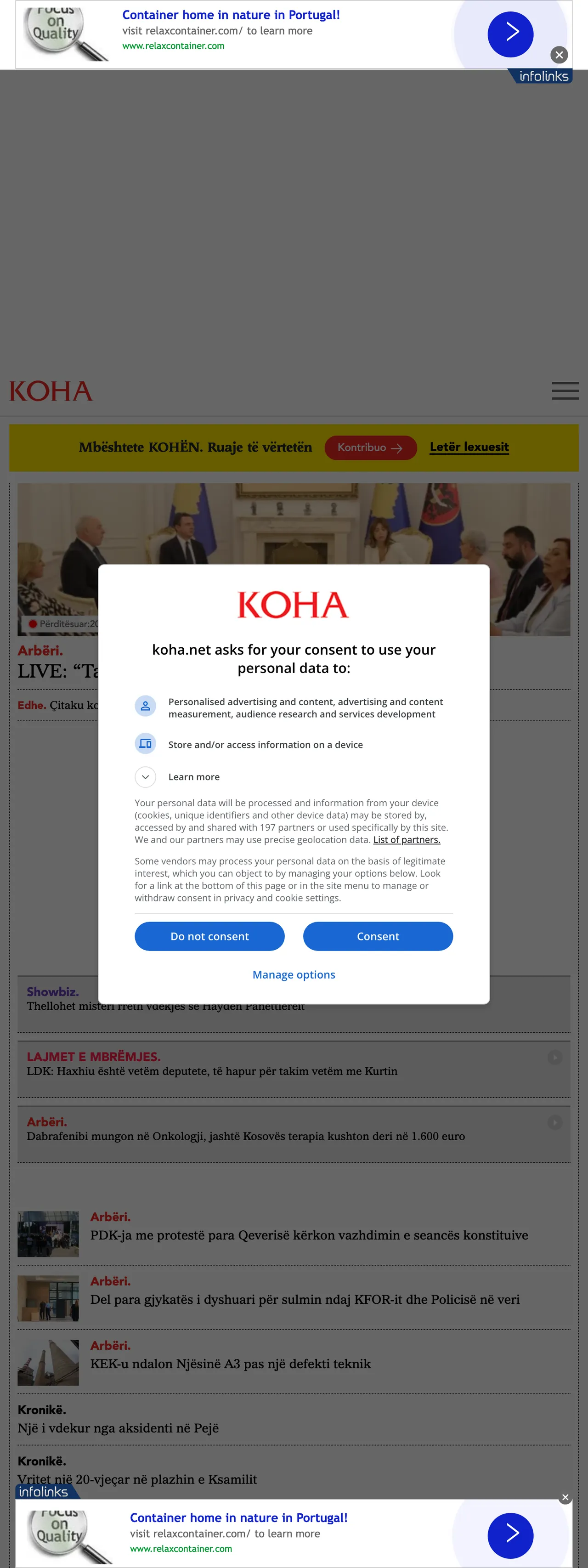 Screenshot of the Koha Ditore front page