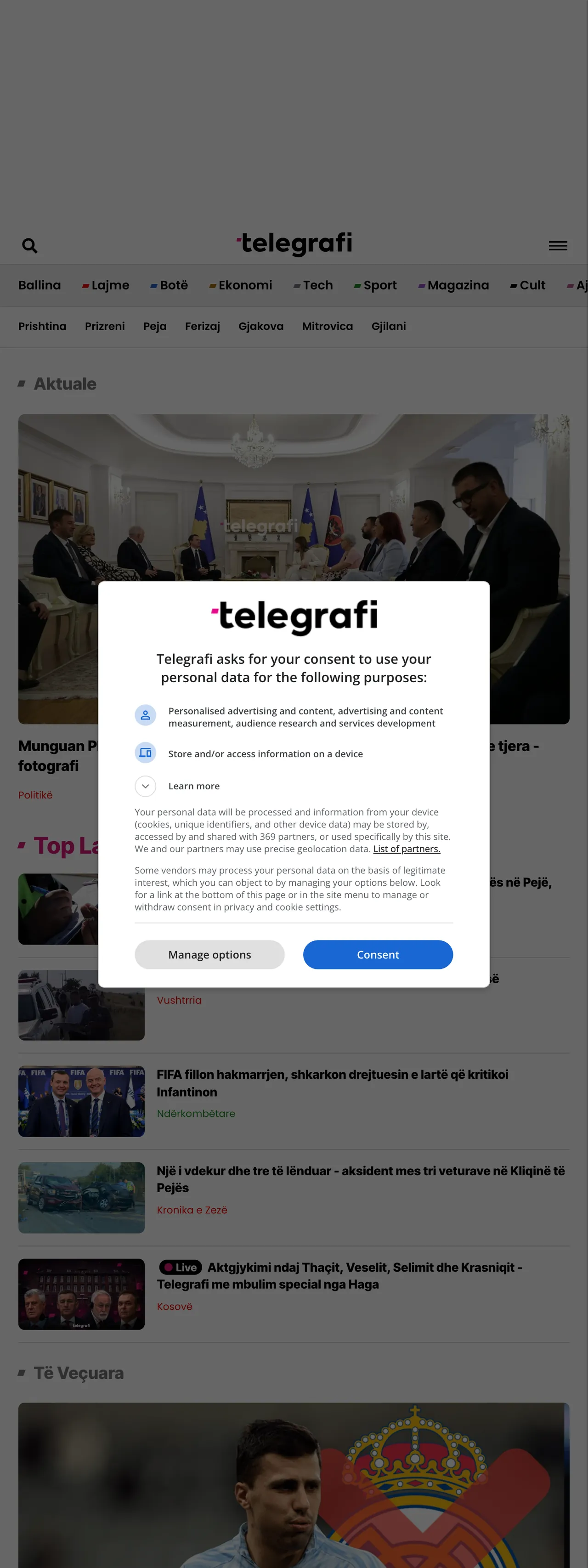 Screenshot of the Telegrafi front page