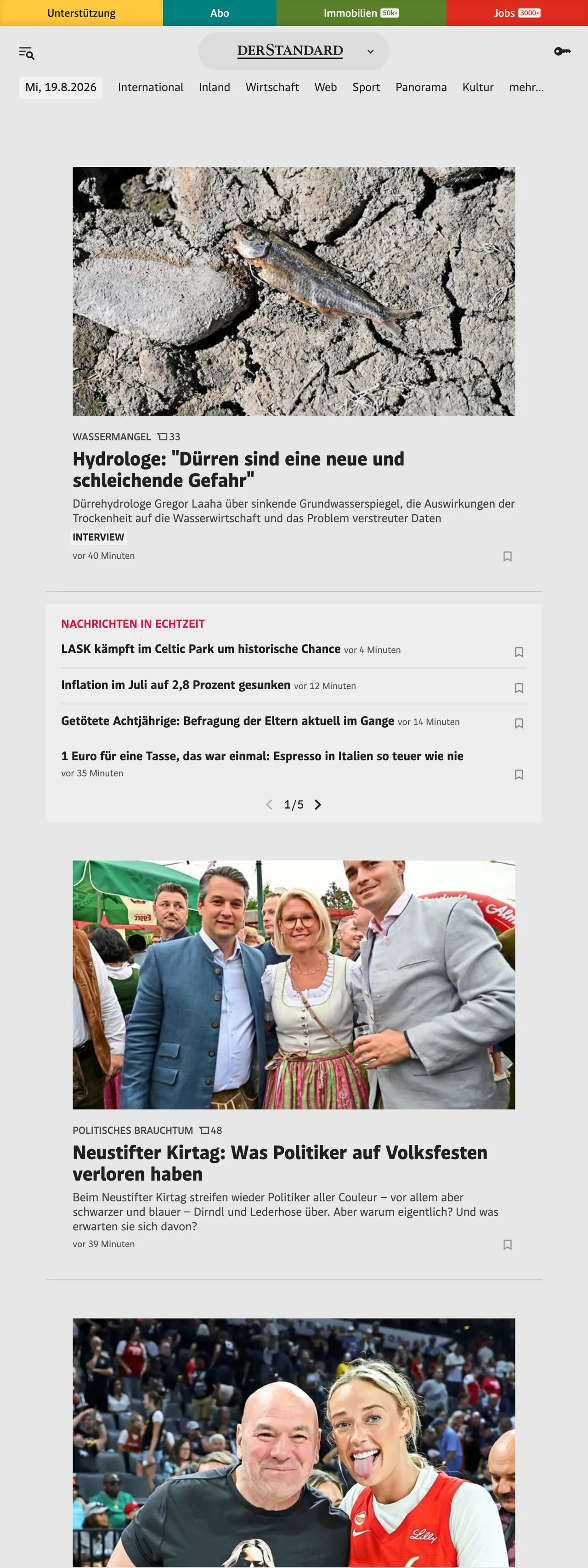 Screenshot of the DER STANDARD front page