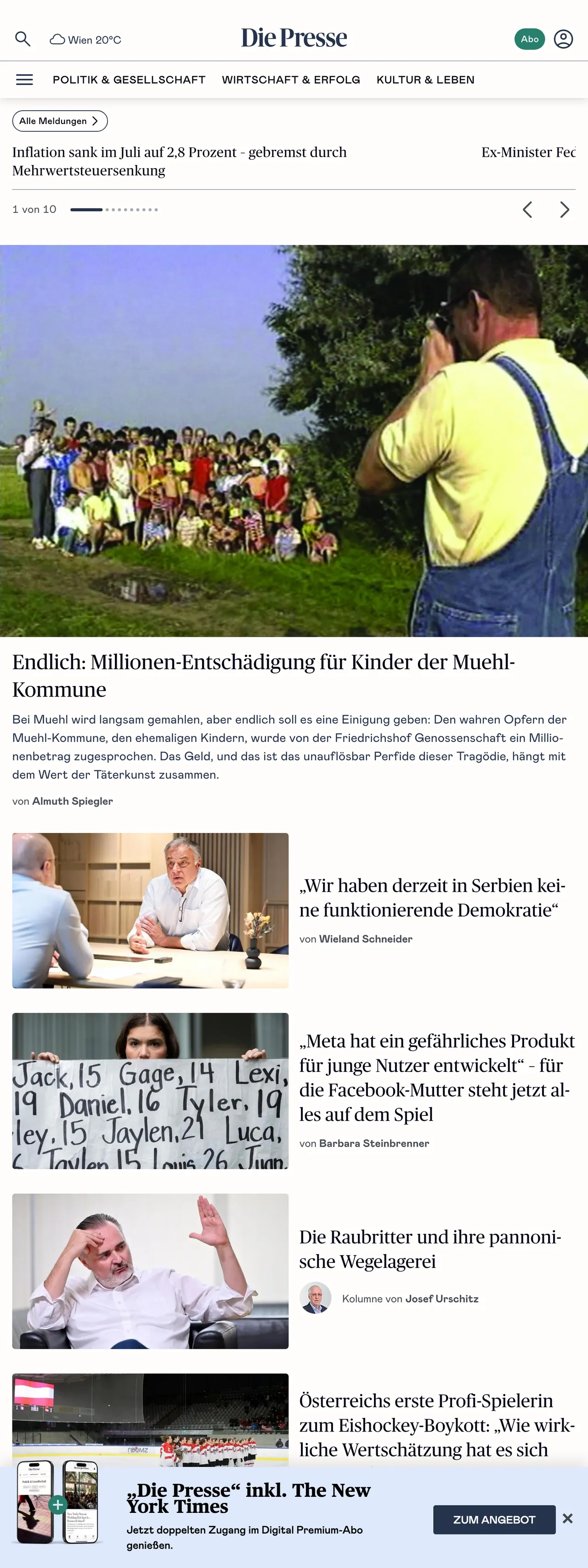 Screenshot of the Die Presse front page