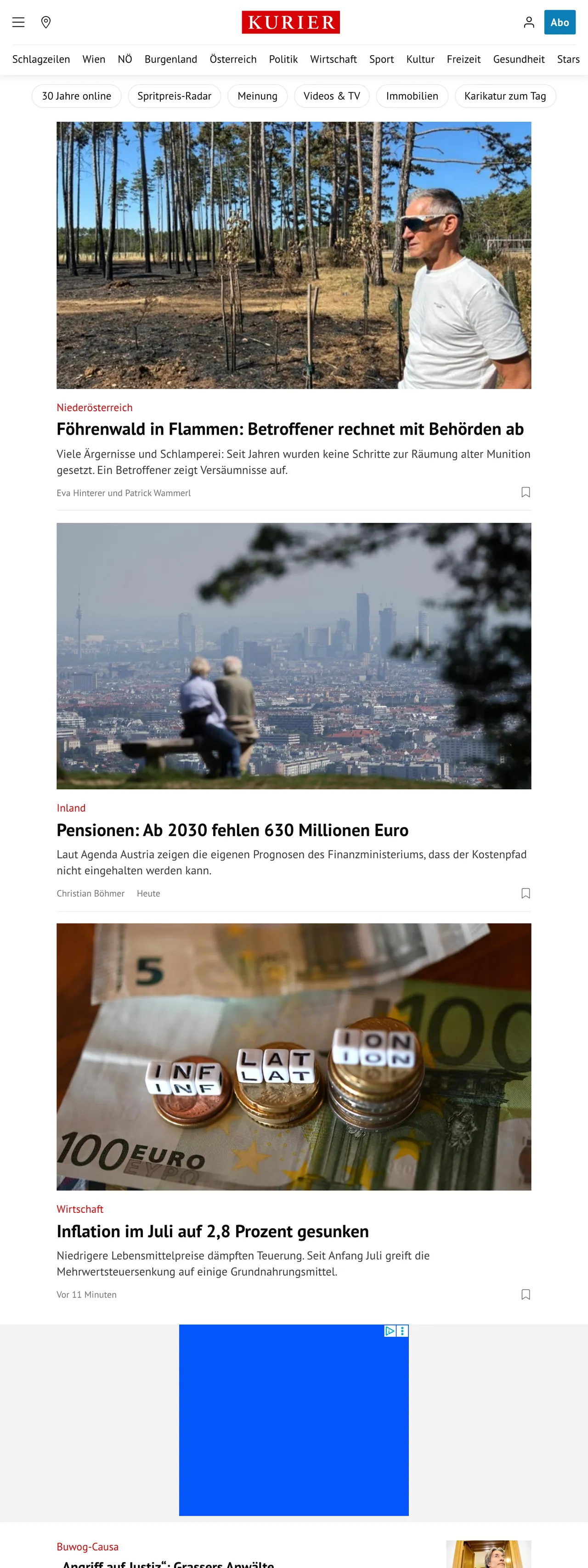 Screenshot of the Kurier front page
