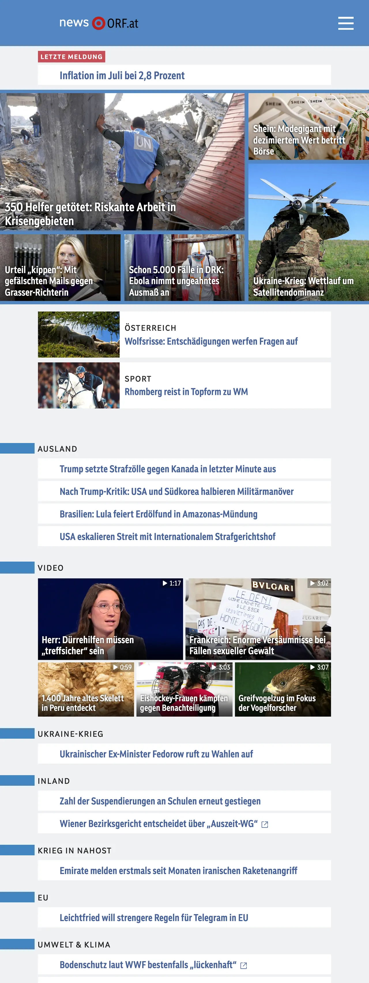 Screenshot of the ORF front page