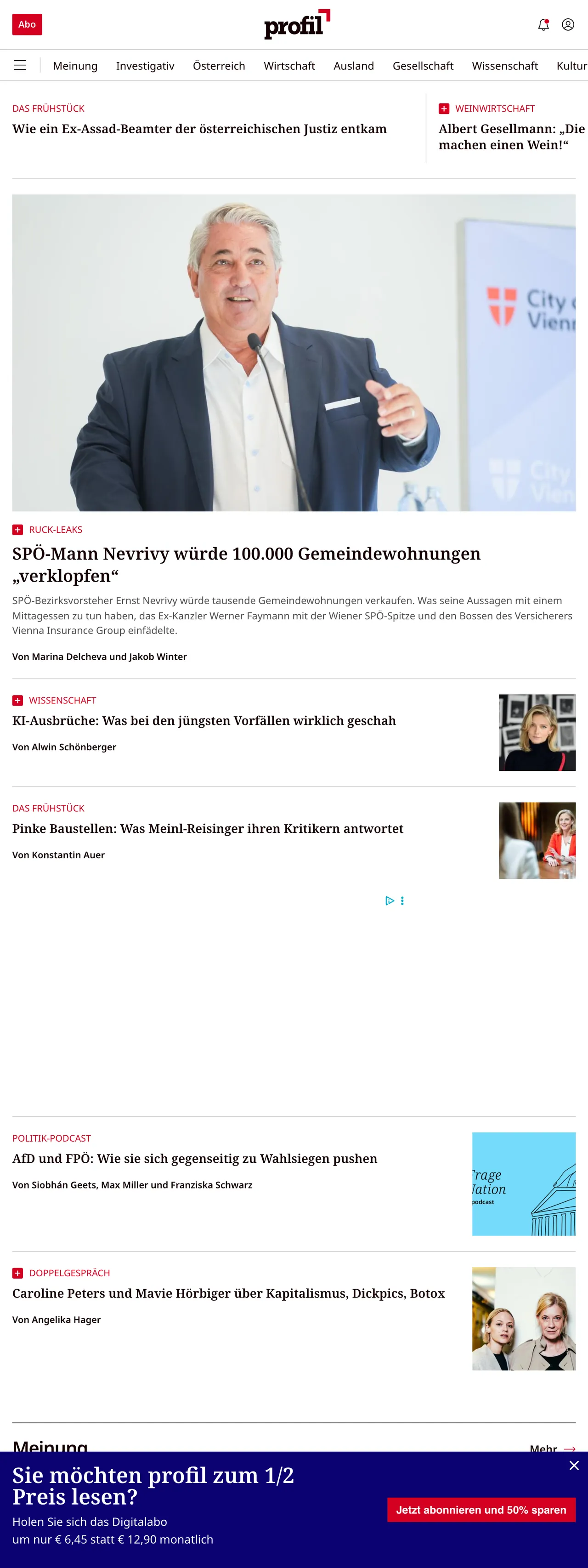 Screenshot of the profil front page