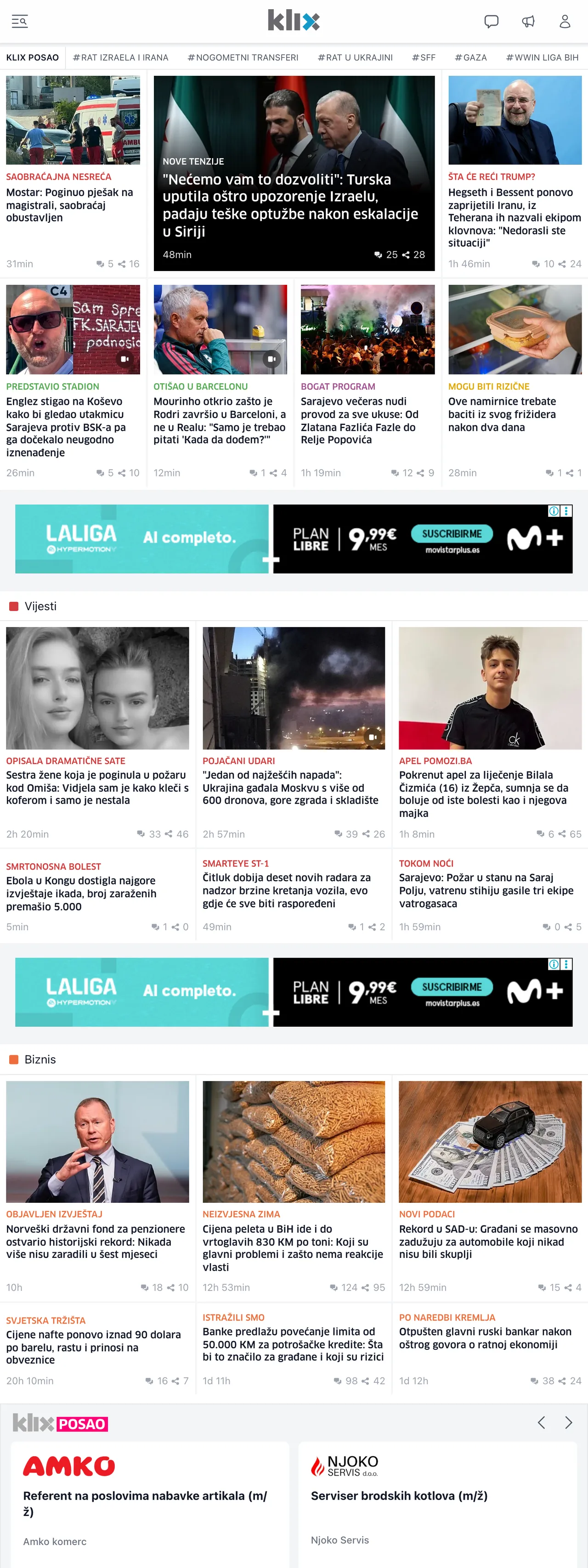Screenshot of the Klix.ba front page